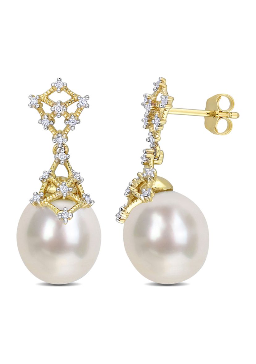 9-10MM South Sea Cultured Pearl and 1/7 CT TW Diamond Filigree Drop Earrings in 14k Yellow Gold