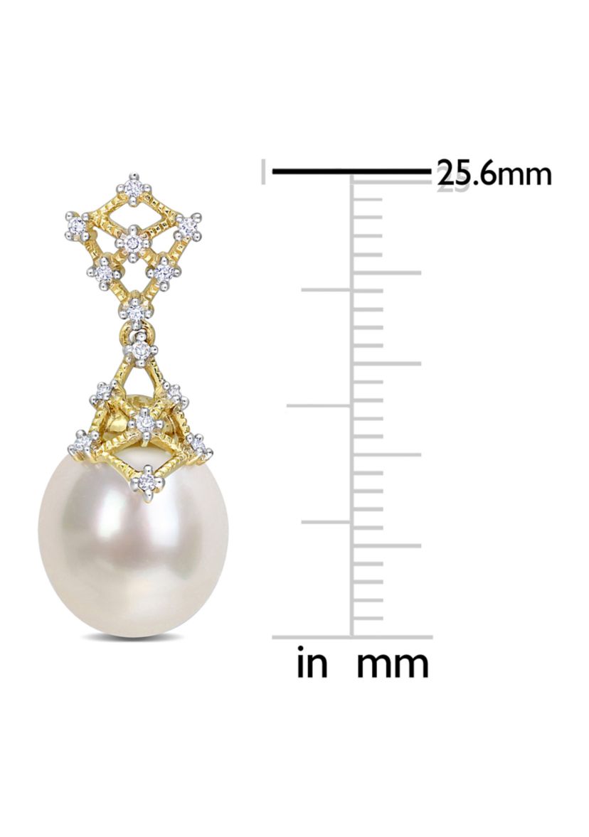 9-10MM South Sea Cultured Pearl and 1/7 CT TW Diamond Filigree Drop Earrings in 14k Yellow Gold