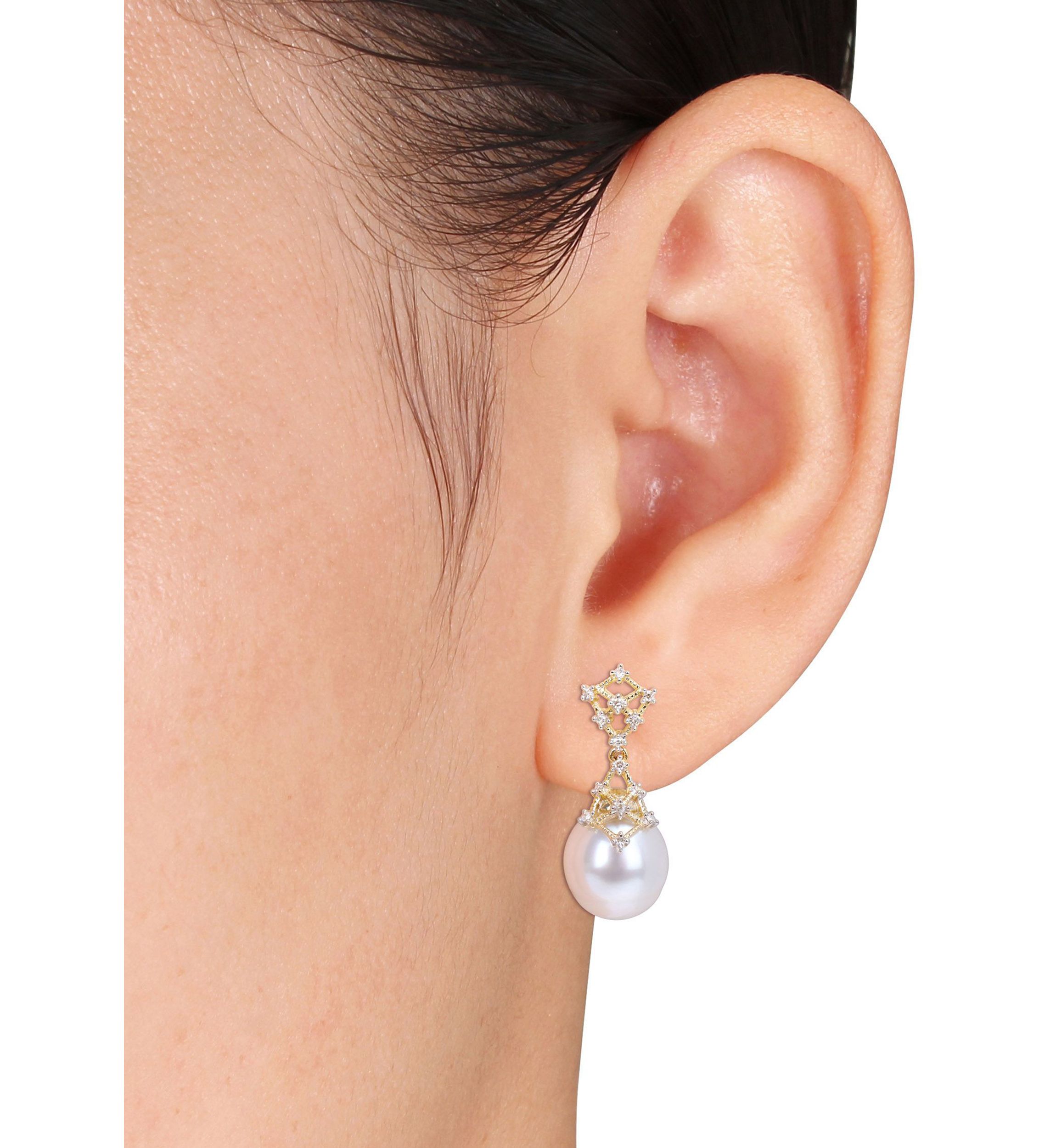 9-10MM South Sea Cultured Pearl and 1/7 CT TW Diamond Filigree Drop Earrings in 14k Yellow Gold
