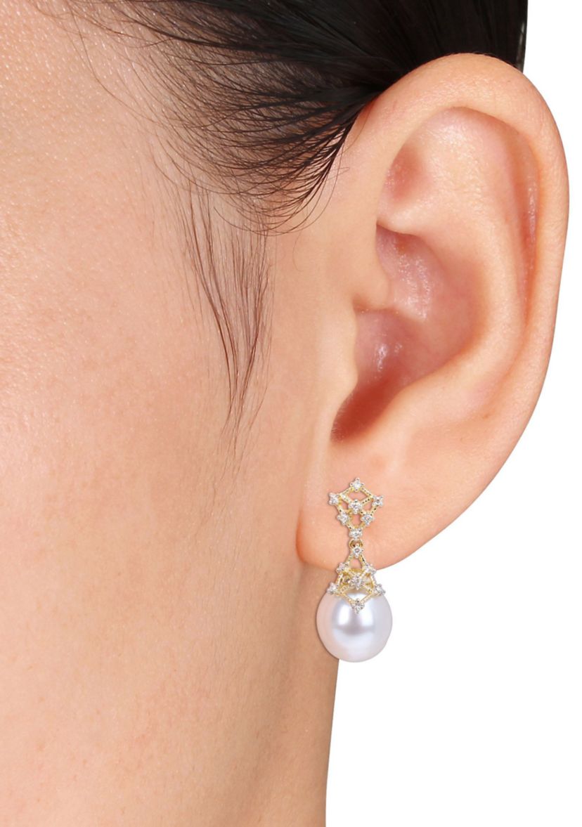 9-10MM South Sea Cultured Pearl and 1/7 CT TW Diamond Filigree Drop Earrings in 14k Yellow Gold