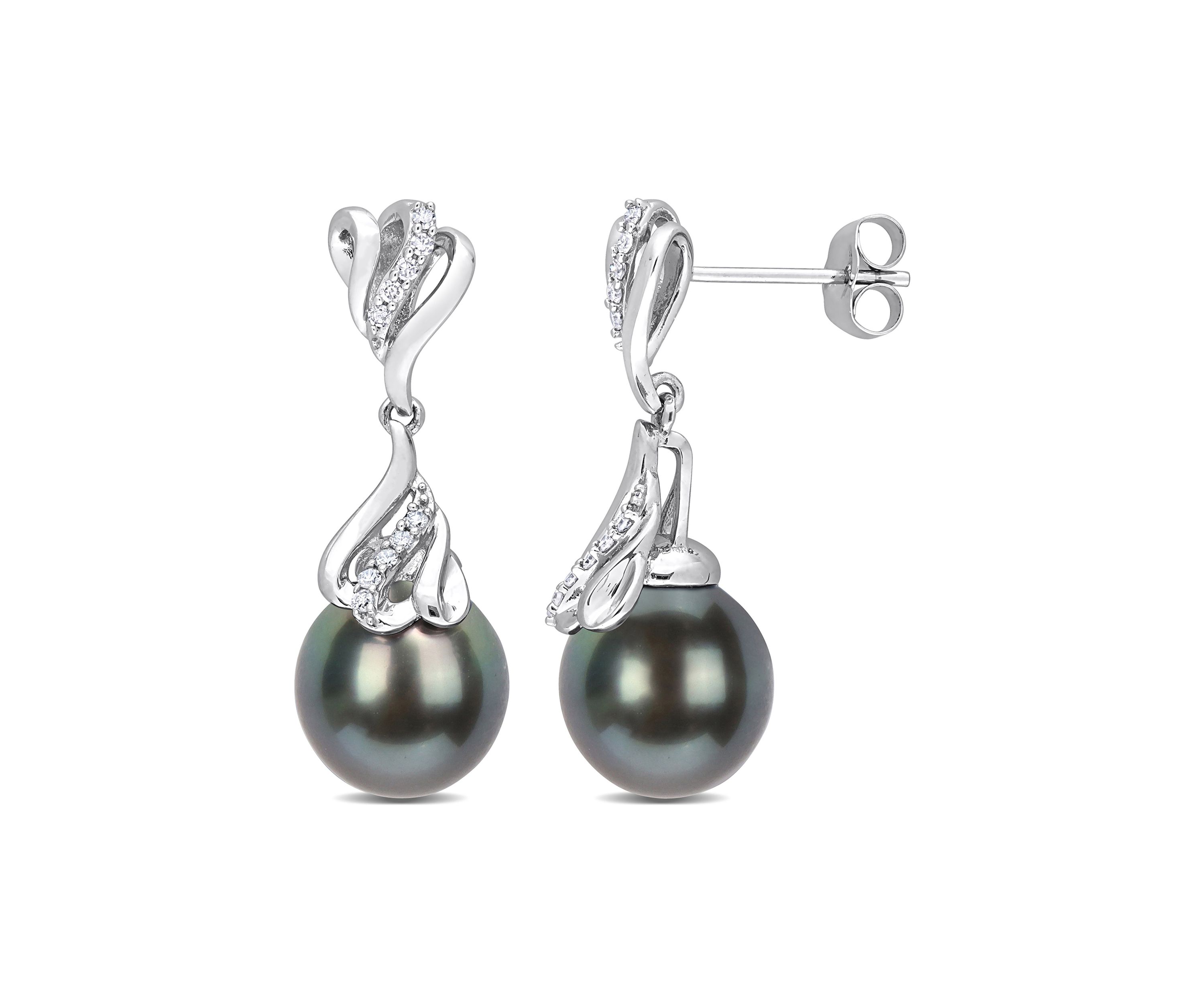 9-10MM Tahitian Cultured Pearl and 1/8 CT TW Diamond Drop Earrings in 14k White Gold