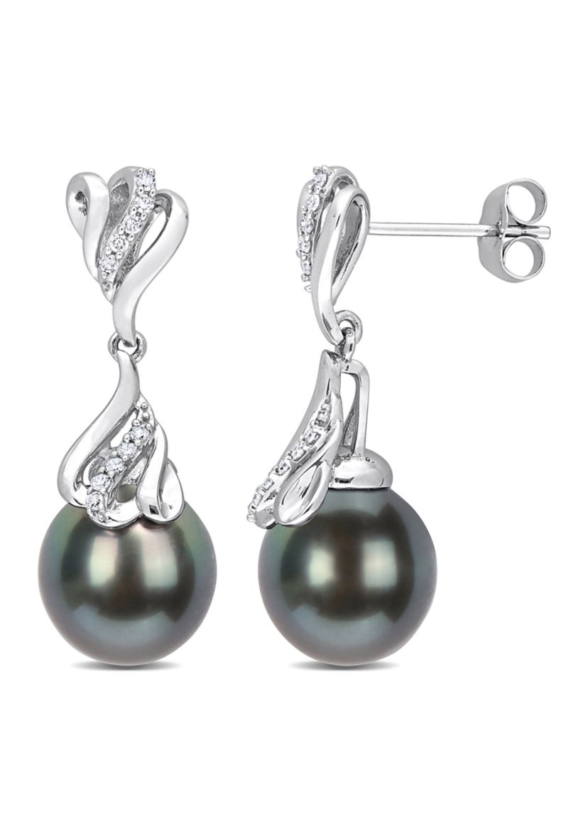 9-10MM Tahitian Cultured Pearl and 1/8 CT TW Diamond Drop Earrings in 14k White Gold