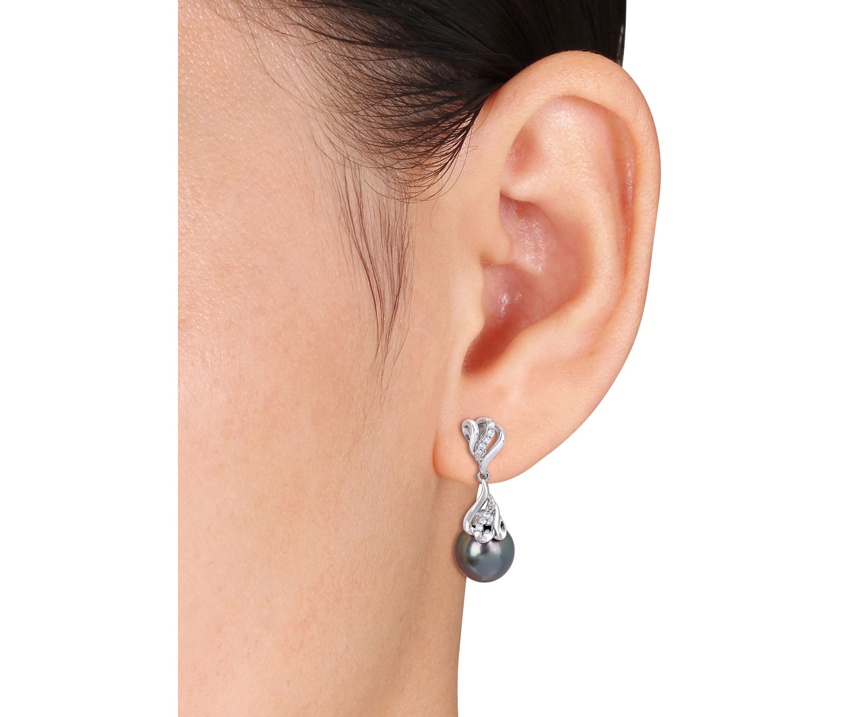 9-10MM Tahitian Cultured Pearl and 1/8 CT TW Diamond Drop Earrings in 14k White Gold