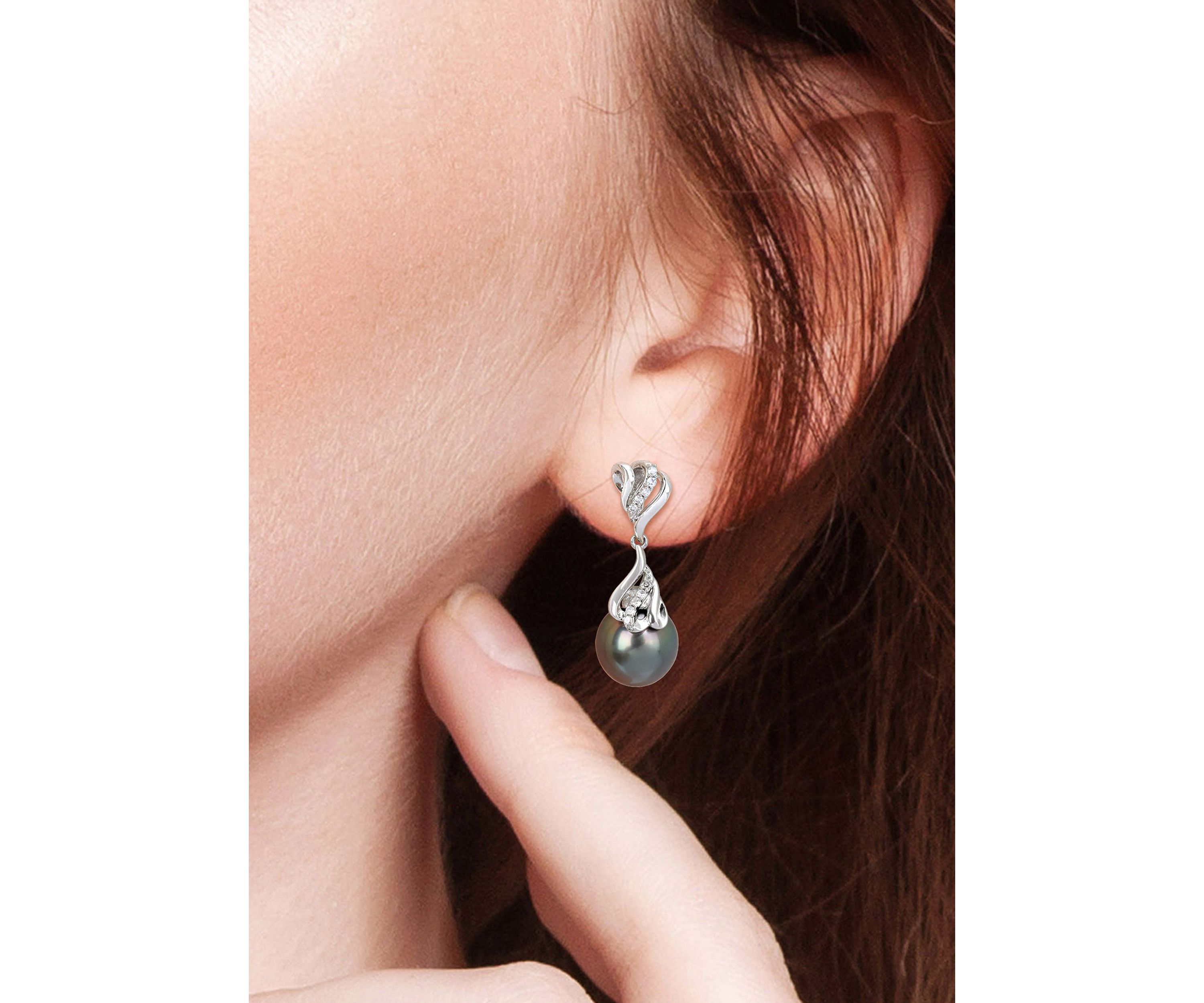 9-10MM Tahitian Cultured Pearl and 1/8 CT TW Diamond Drop Earrings in 14k White Gold