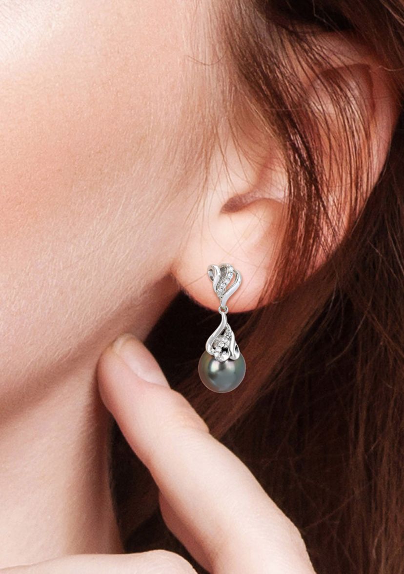 9-10MM Tahitian Cultured Pearl and 1/8 CT TW Diamond Drop Earrings in 14k White Gold