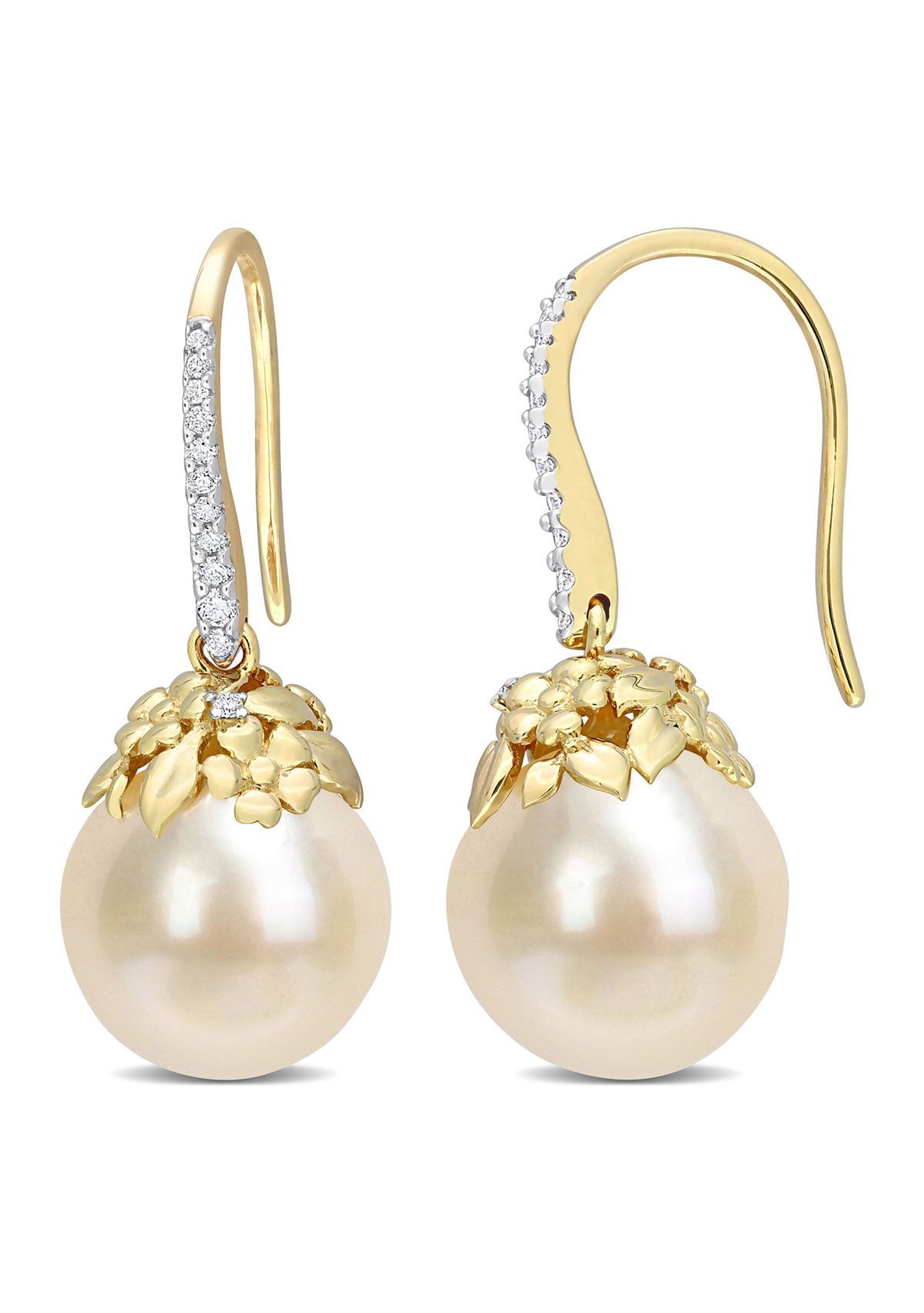 9-10MM South Sea Cultured Pearl and 1/7 CT TW Diamond Drop Earrings in 14k Yellow Gold