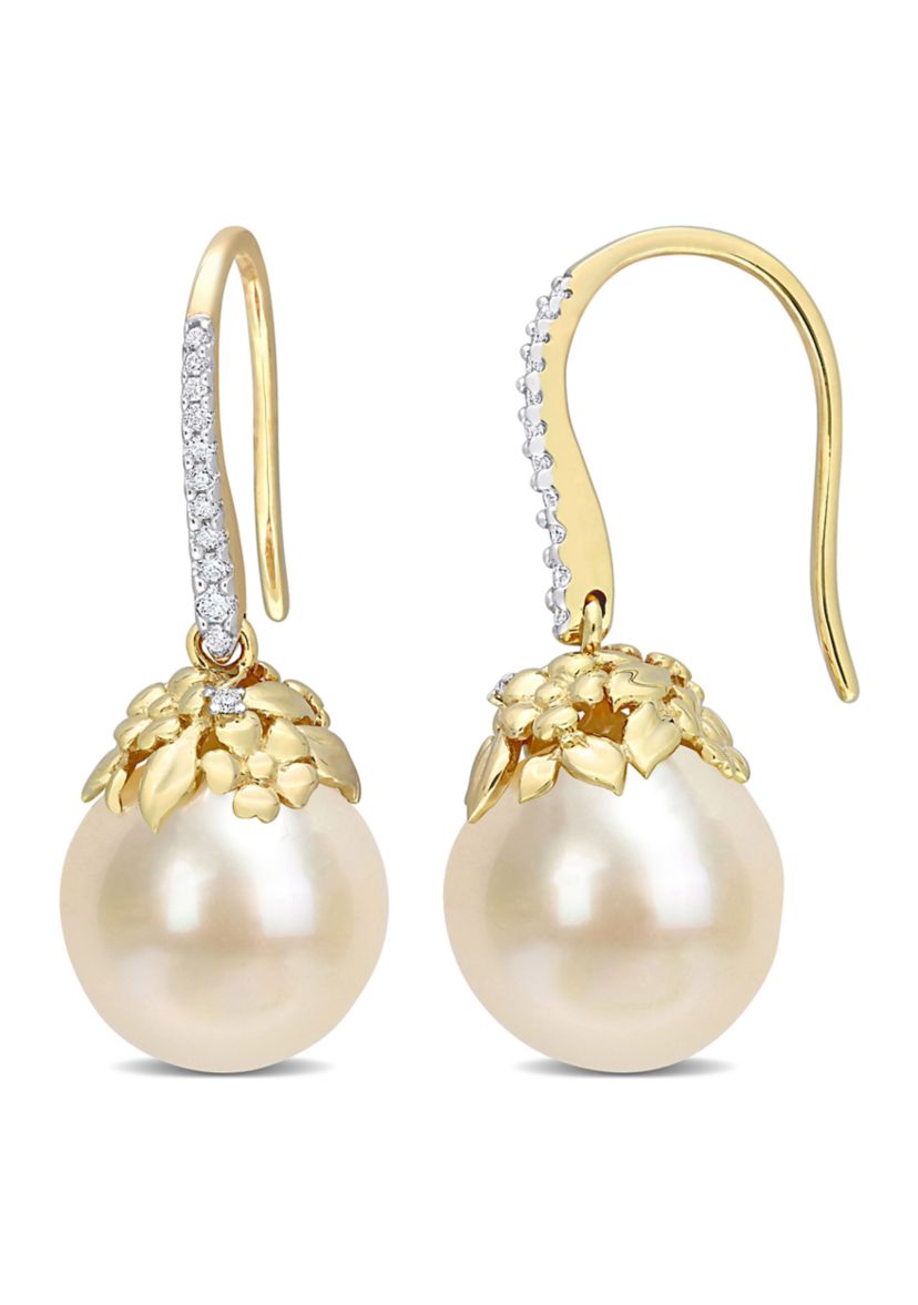 9-10MM South Sea Cultured Pearl and 1/7 CT TW Diamond Drop Earrings in 14k Yellow Gold