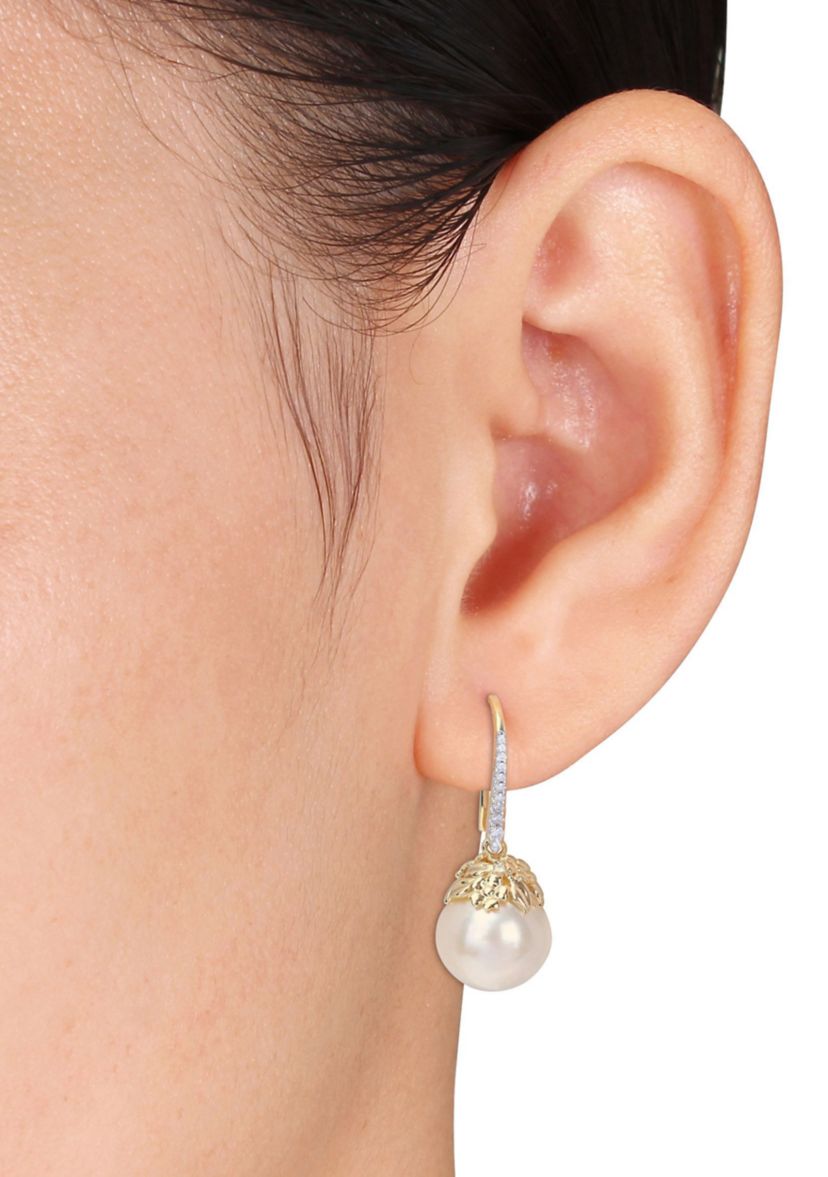 9-10MM South Sea Cultured Pearl and 1/7 CT TW Diamond Drop Earrings in 14k Yellow Gold