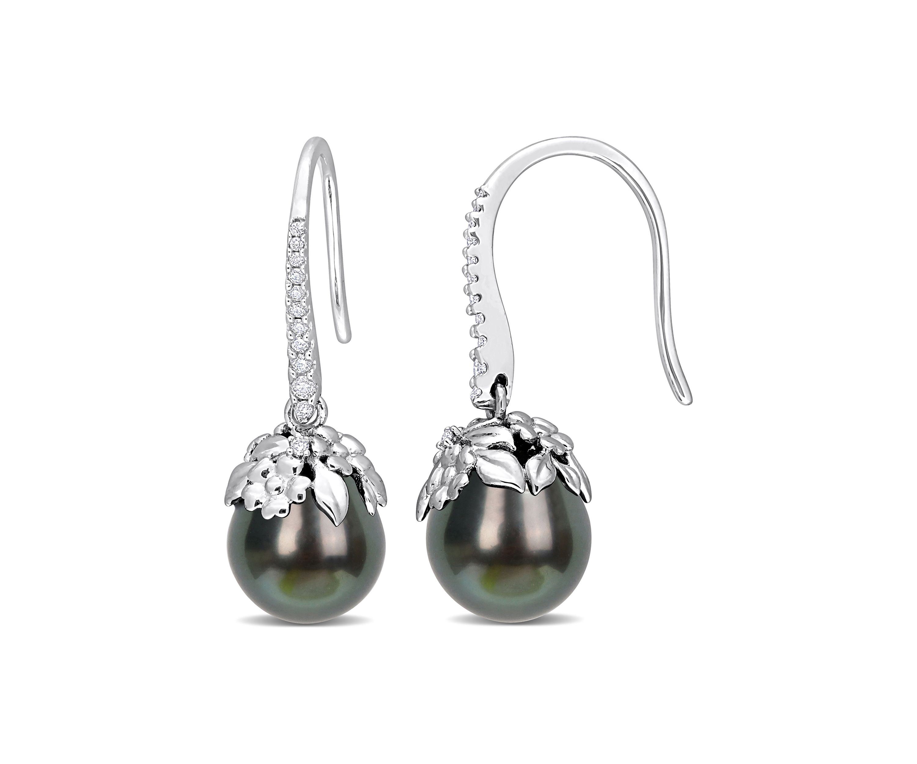 9-10MM Tahitian Cultured Pearl and 1/7 CT TW Diamond Drop Earrings in 14k White Gold