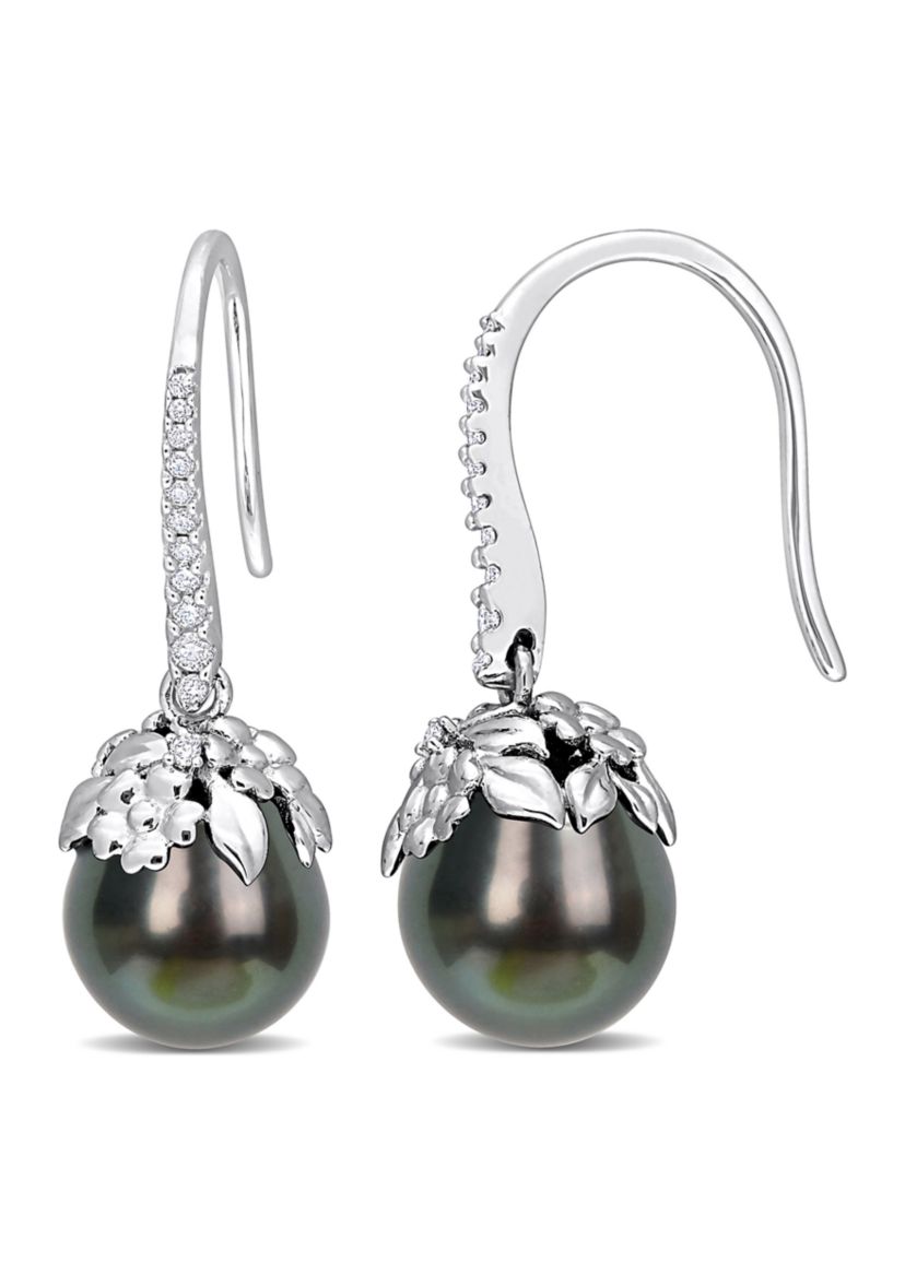 9-10MM Tahitian Cultured Pearl and 1/7 CT TW Diamond Drop Earrings in 14k White Gold