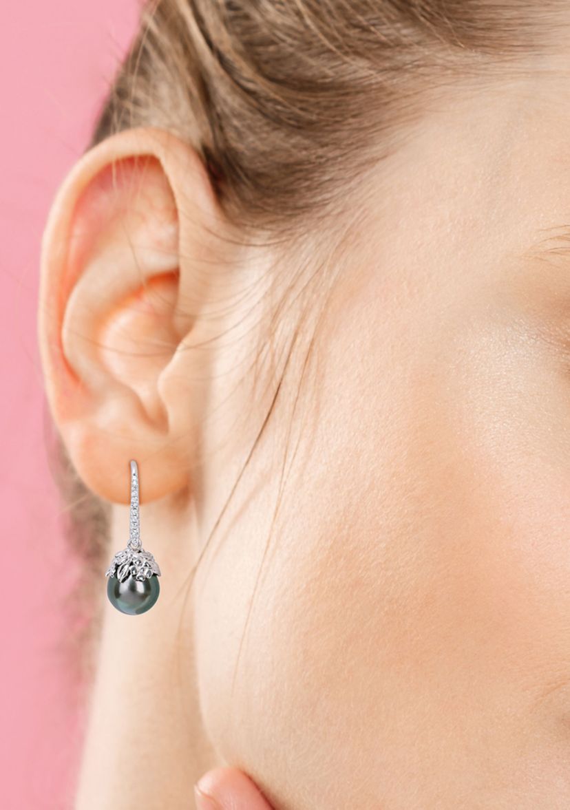 9-10MM Tahitian Cultured Pearl and 1/7 CT TW Diamond Drop Earrings in 14k White Gold