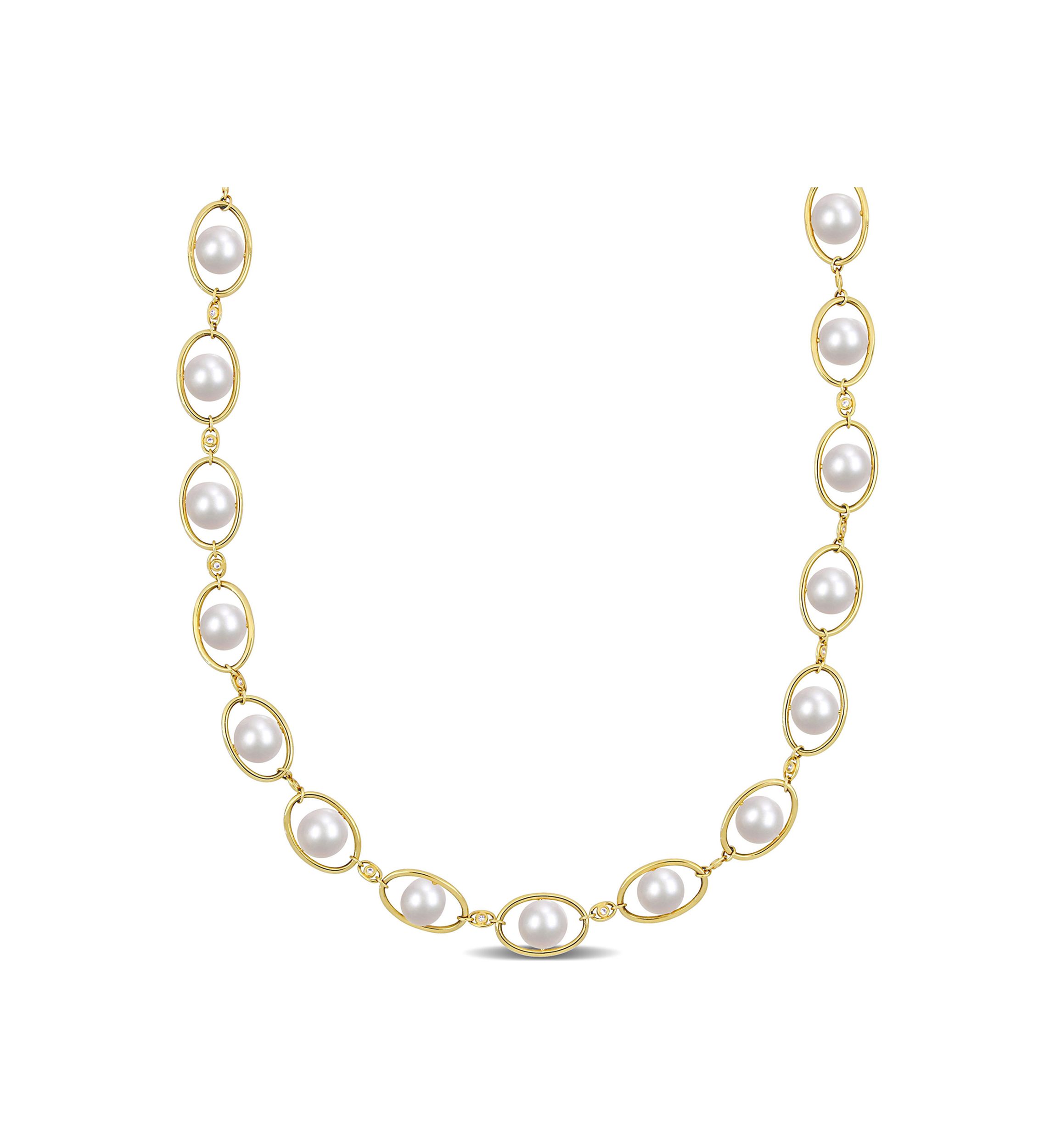 8-8.5MM Cultured Freshwater Pearl and Cubic Zirconia Halo Necklace in 18k Yellow Gold Plated Sterling Silver