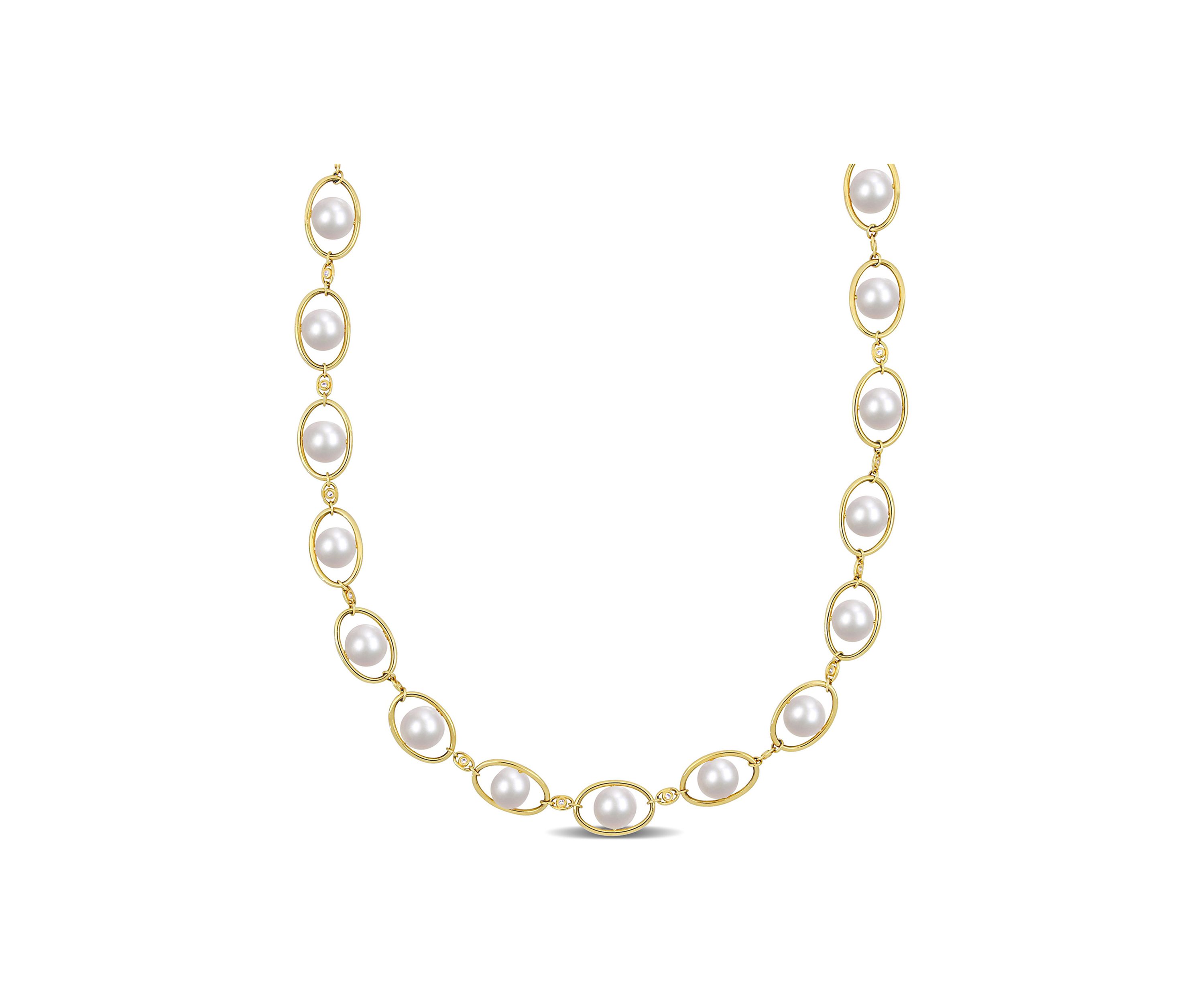 8-8.5MM Cultured Freshwater Pearl and Cubic Zirconia Halo Necklace in 18k Yellow Gold Plated Sterling Silver