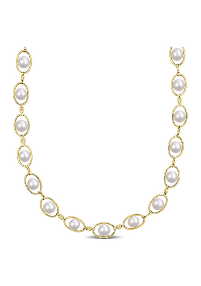 8-8.5MM Cultured Freshwater Pearl and Cubic Zirconia Halo Necklace in 18k Yellow Gold Plated Sterling Silver
