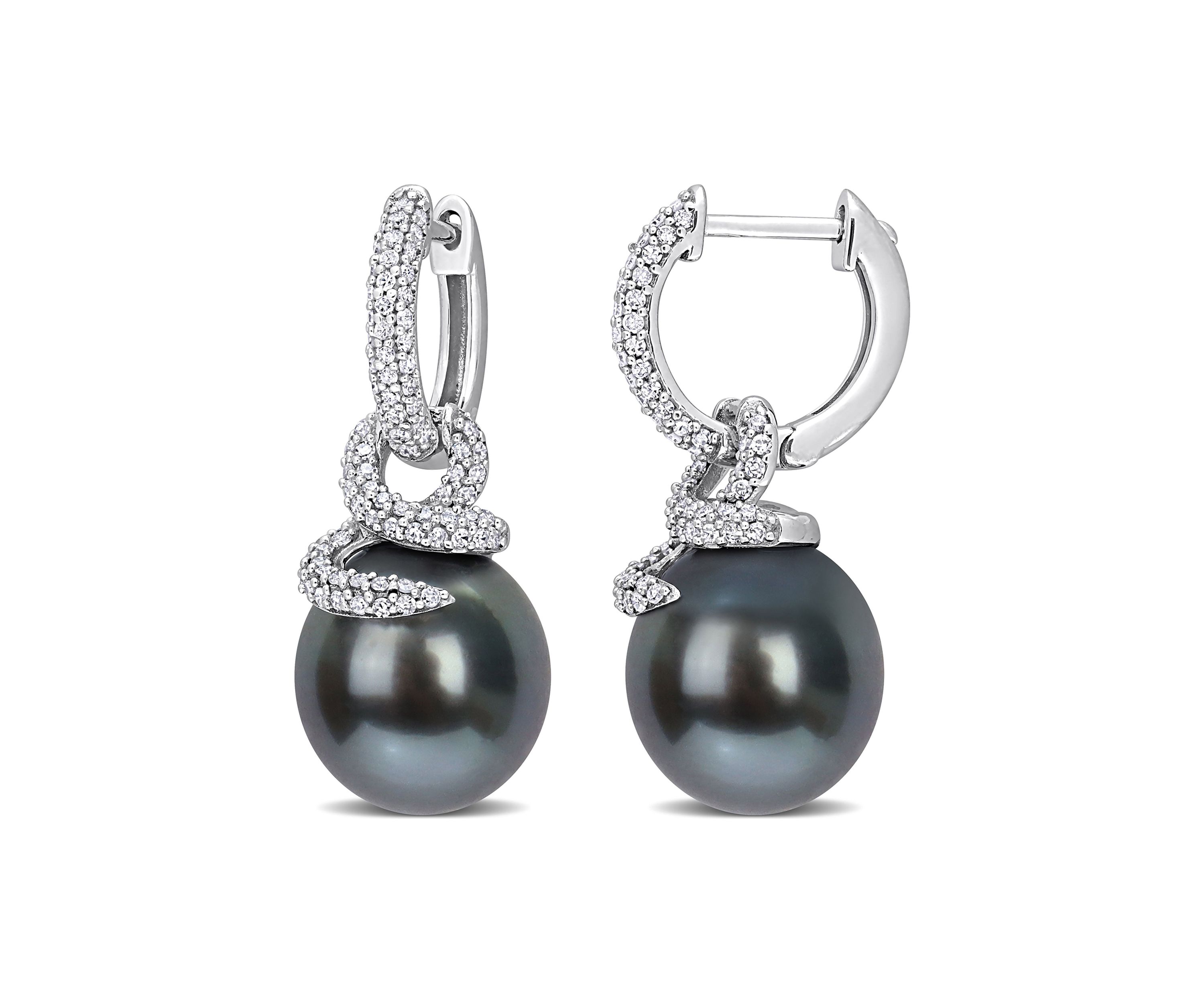 10-11MM Tahitian Cultured Pearl and 1/2 CT TW Diamond Swirl Huggie Earrings in 14k White Gold