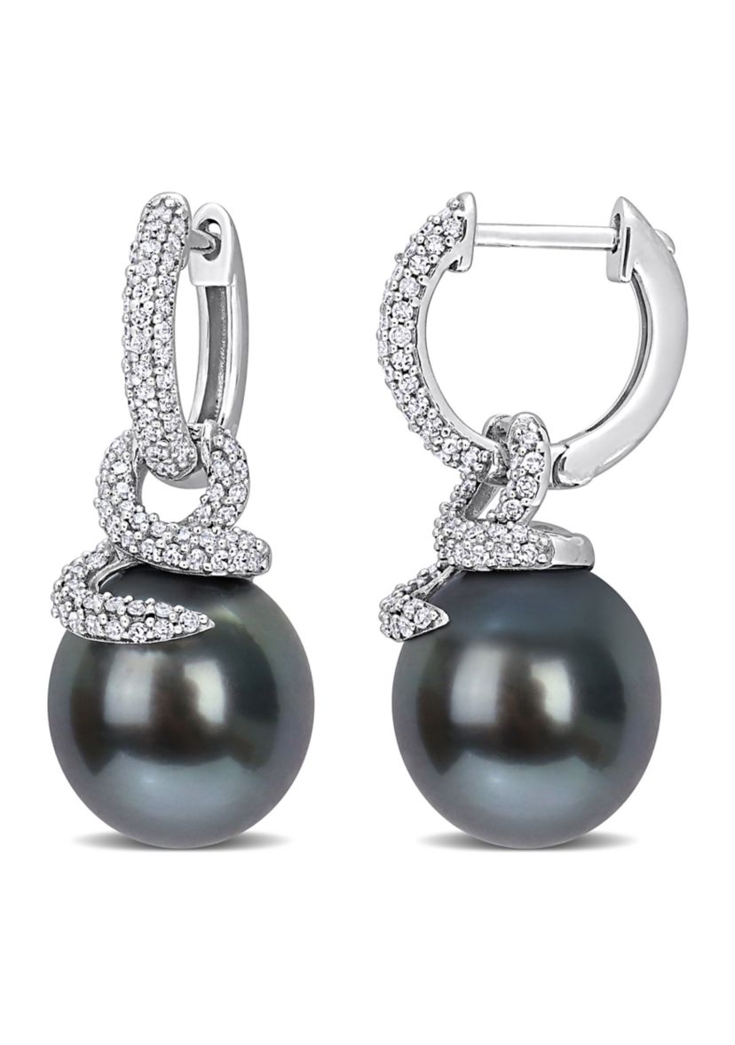 10-11MM Tahitian Cultured Pearl and 1/2 CT TW Diamond Swirl Huggie Earrings in 14k White Gold