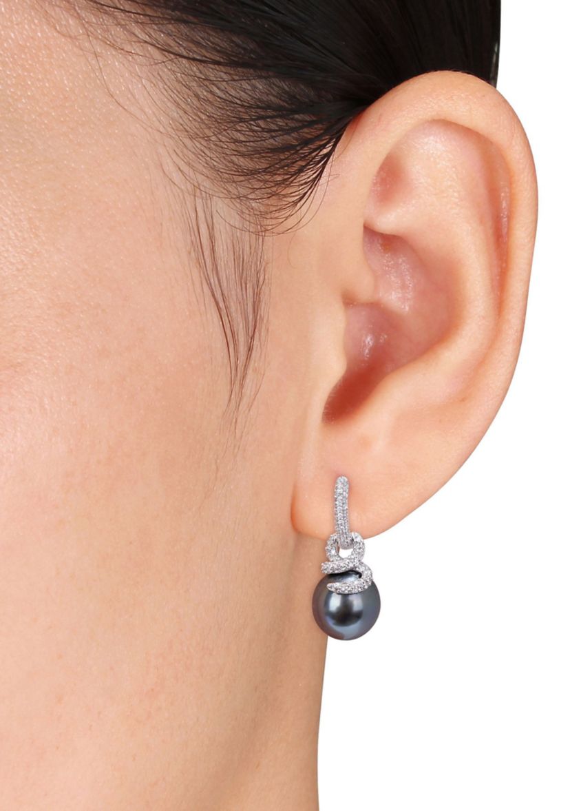 10-11MM Tahitian Cultured Pearl and 1/2 CT TW Diamond Swirl Huggie Earrings in 14k White Gold