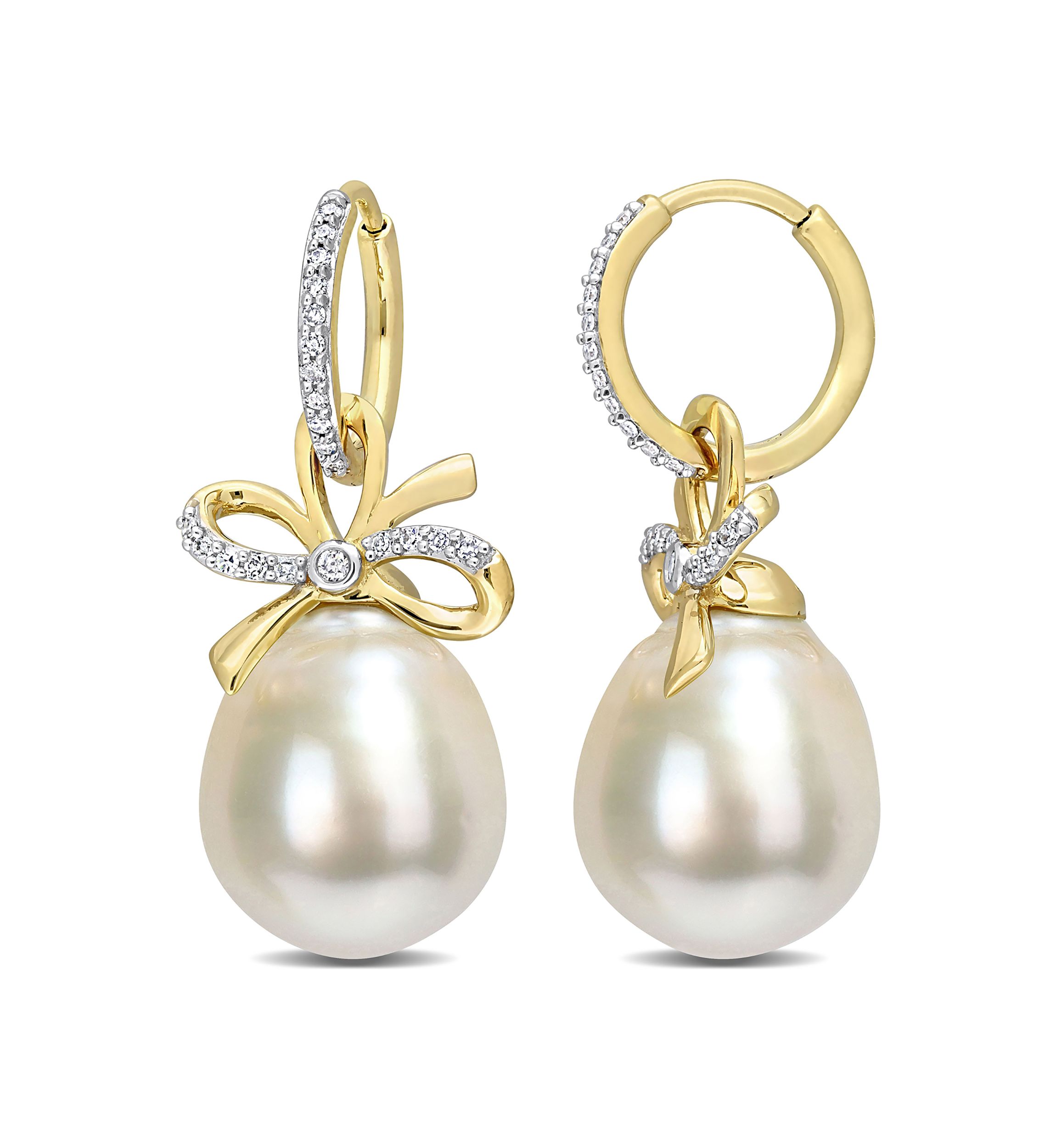 12-12.5MM South Sea Cultured Pearl and 1/4 CT TW Diamond Bow Huggie Earrings in 14k Yellow Gold