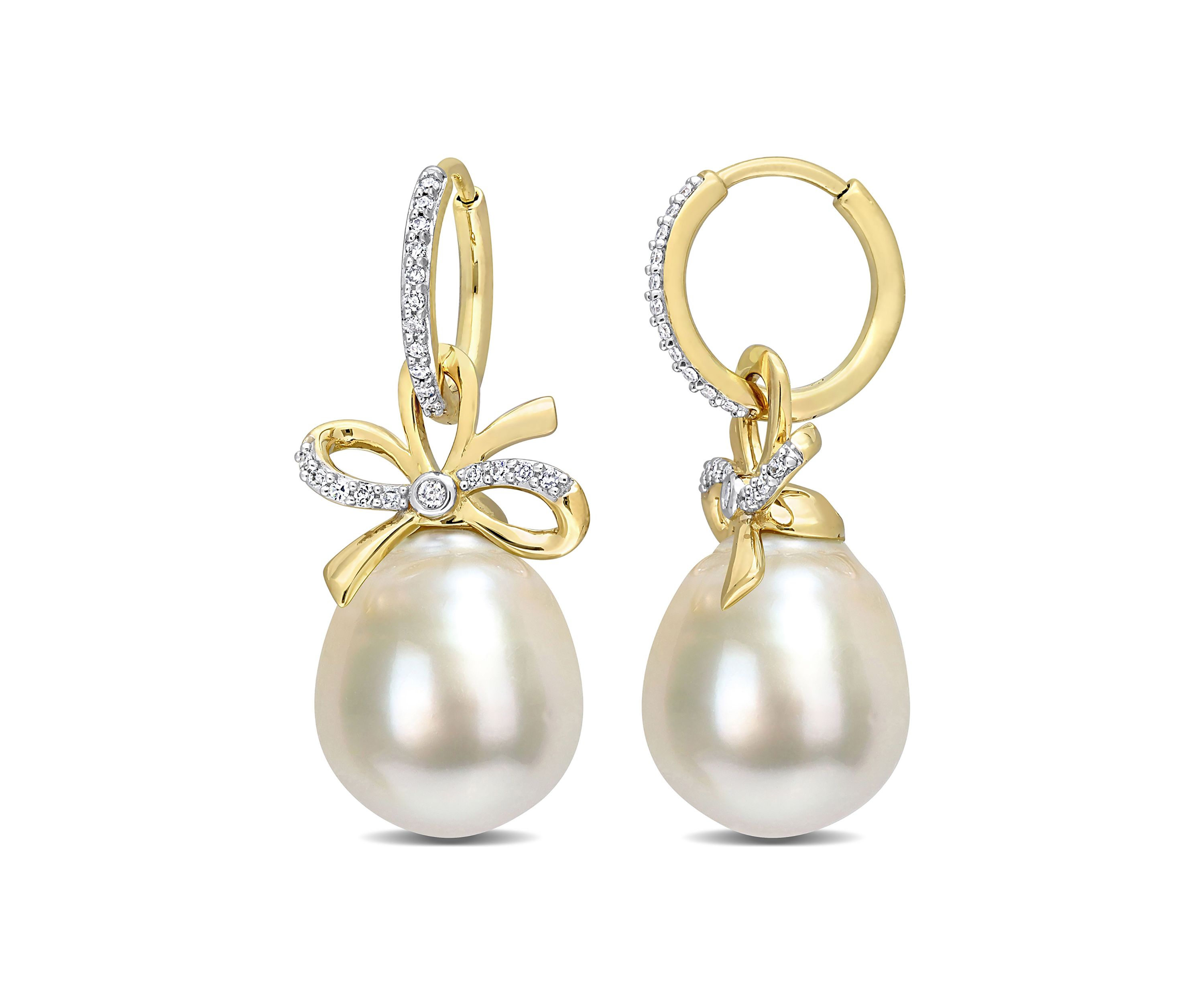 12-12.5MM South Sea Cultured Pearl and 1/4 CT TW Diamond Bow Huggie Earrings in 14k Yellow Gold