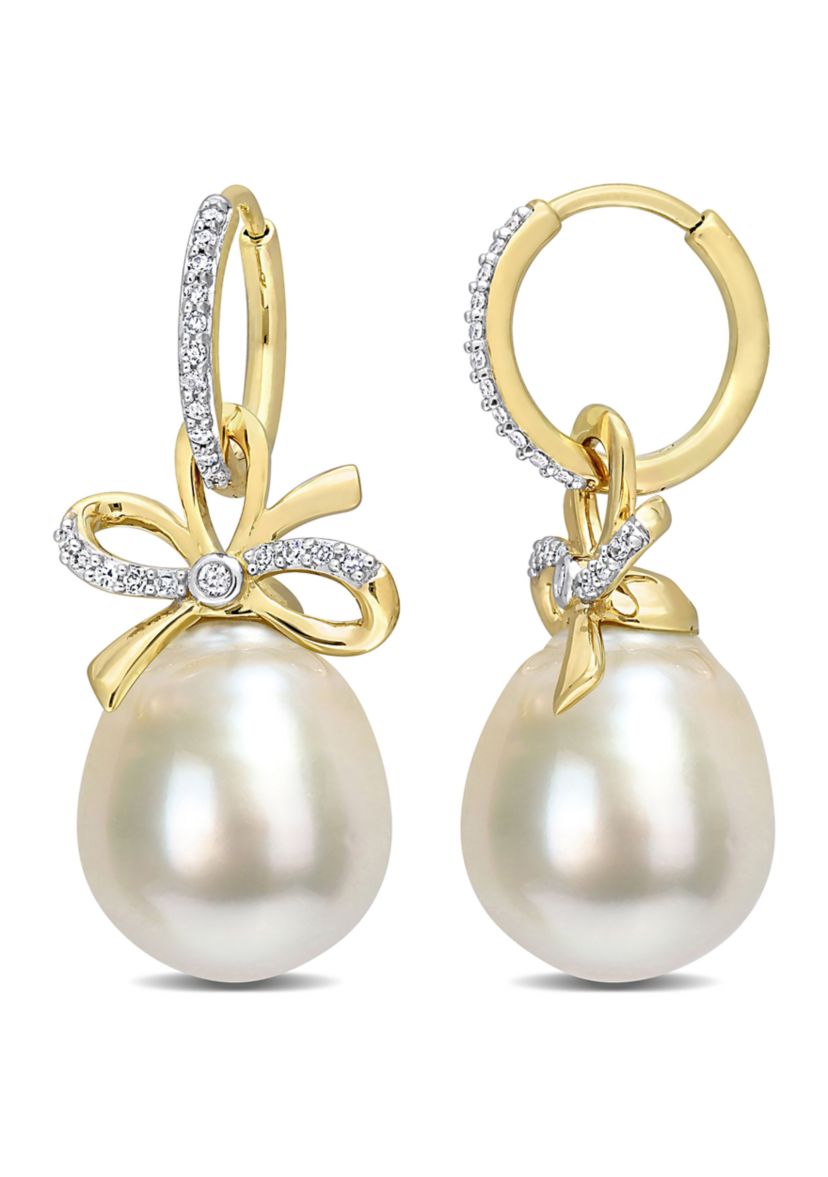 12-12.5MM South Sea Cultured Pearl and 1/4 CT TW Diamond Bow Huggie Earrings in 14k Yellow Gold