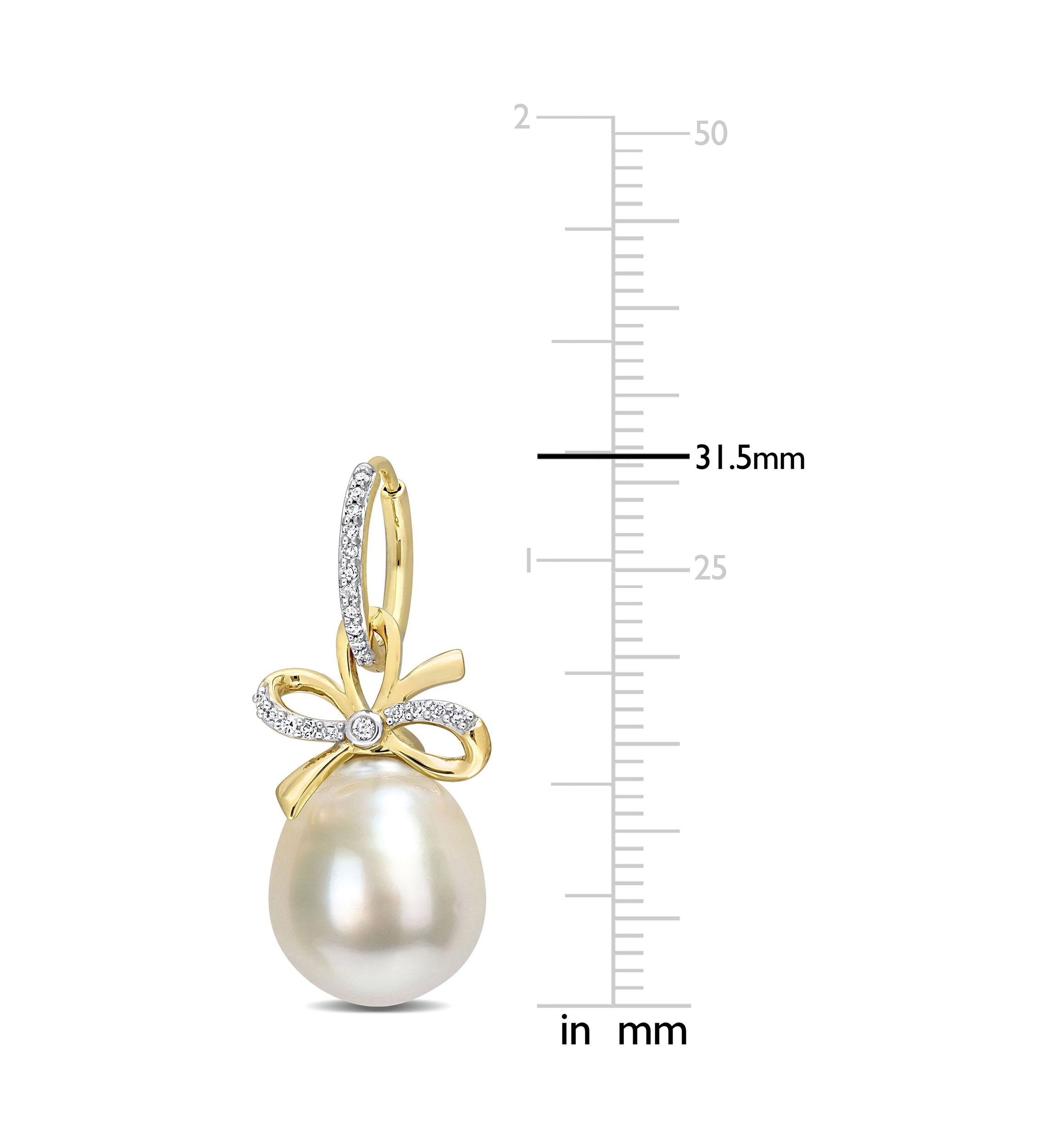 12-12.5MM South Sea Cultured Pearl and 1/4 CT TW Diamond Bow Huggie Earrings in 14k Yellow Gold
