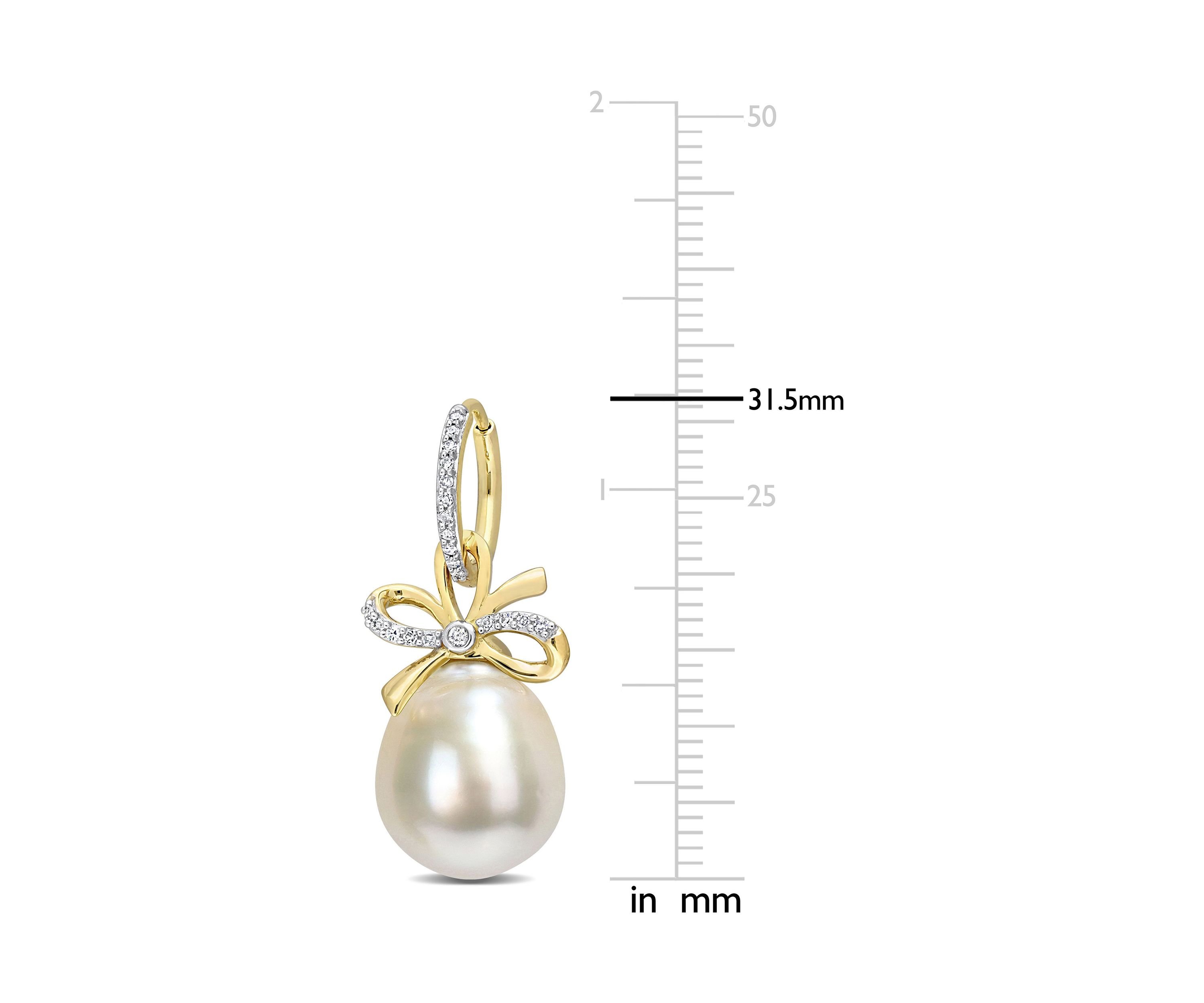 12-12.5MM South Sea Cultured Pearl and 1/4 CT TW Diamond Bow Huggie Earrings in 14k Yellow Gold