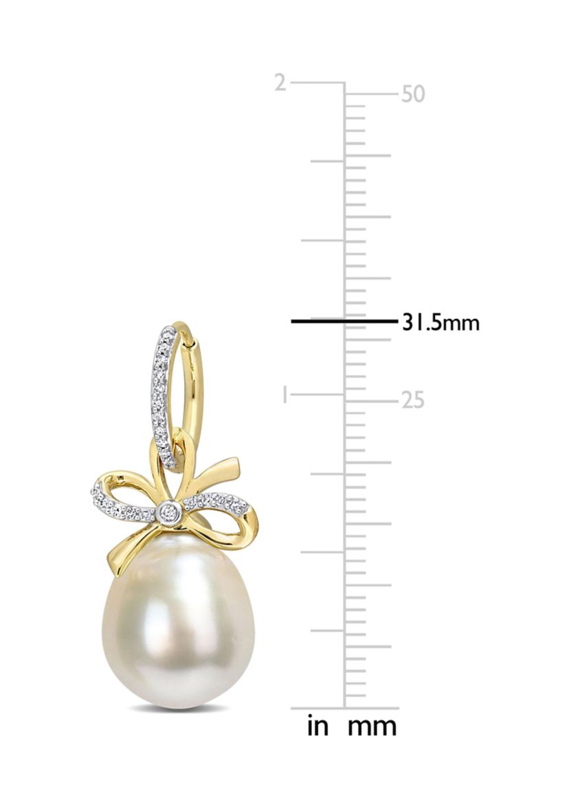 12-12.5MM South Sea Cultured Pearl and 1/4 CT TW Diamond Bow Huggie Earrings in 14k Yellow Gold