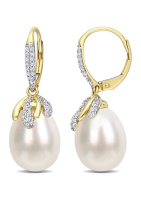 Belk & Co 9-10MM South Sea Cultured Pearl and 1/3 CT TW Diamond Drop Earrings in 14k Yellow Gold -  5400426BLK005467