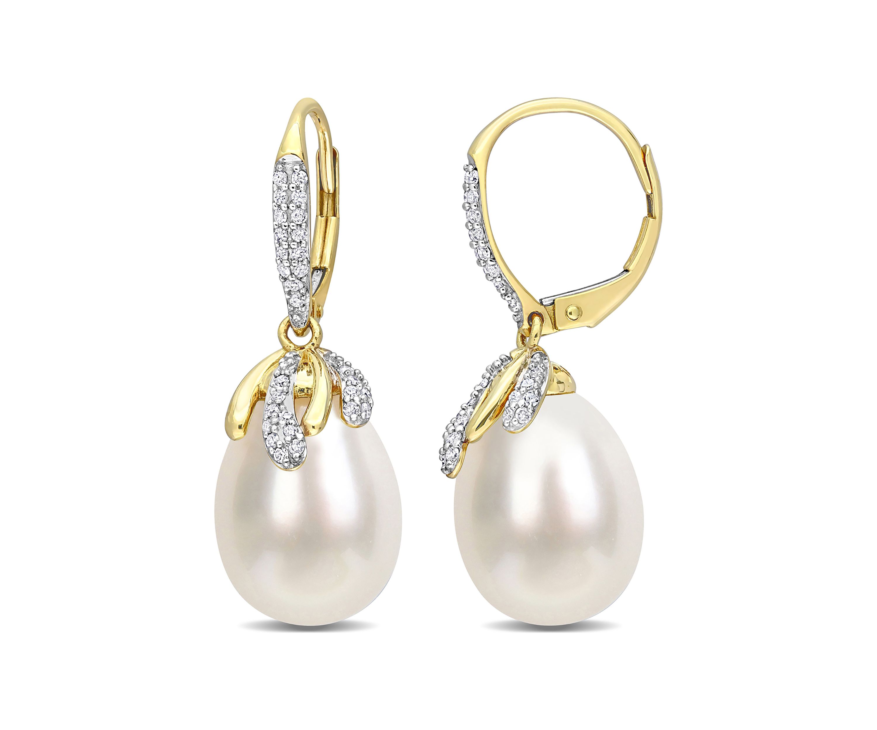 9-10MM South Sea Cultured Pearl and 1/3 CT TW Diamond Drop Earrings in 14k Yellow Gold