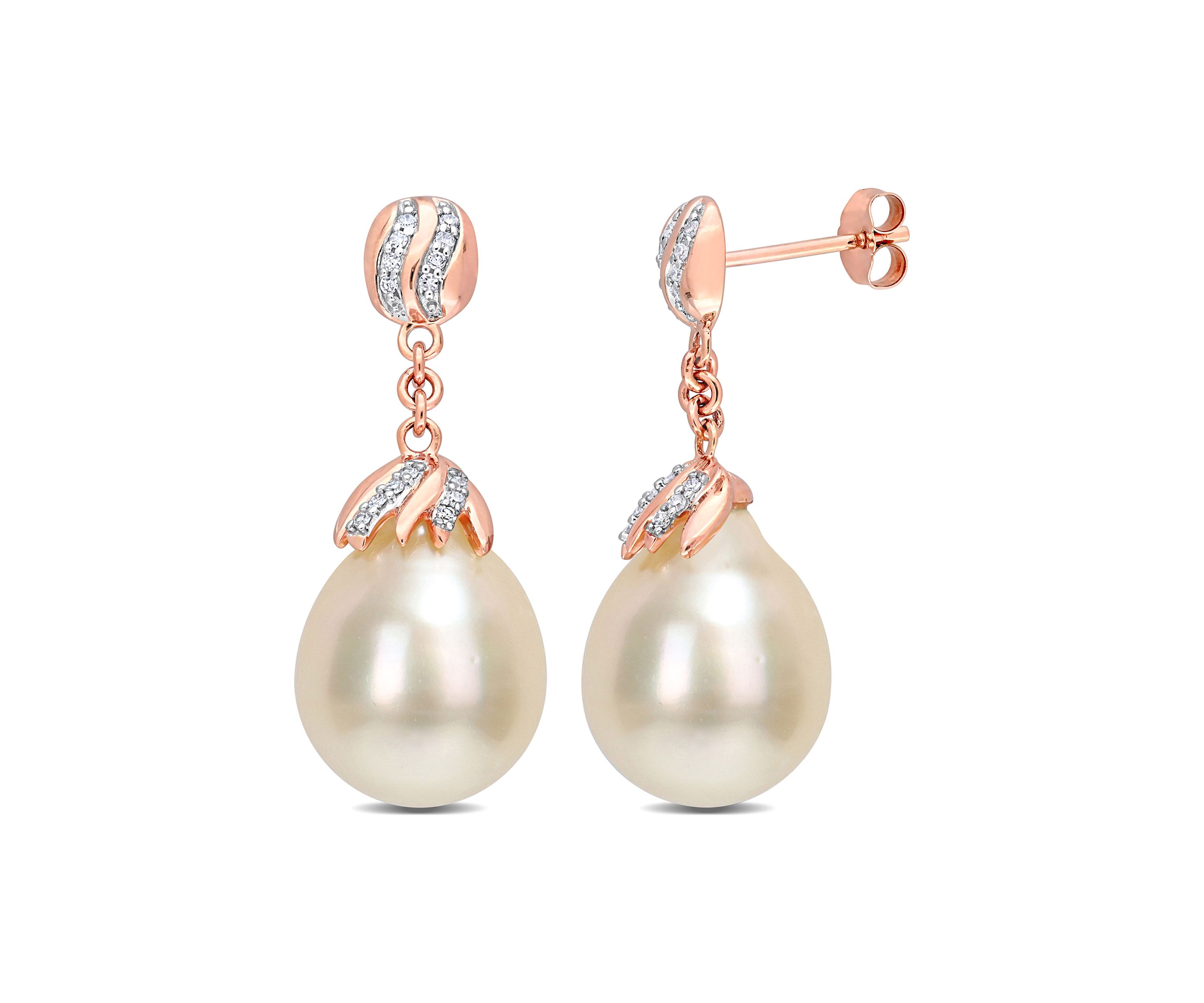9-10MM South Sea Cultured Pearl and 1/7 CT TW Diamond Drop Earrings in 14k Rose Gold