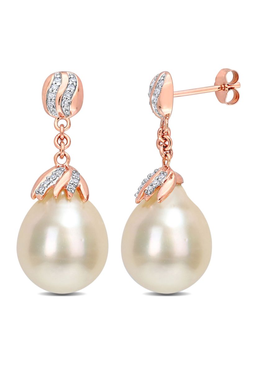 9-10MM South Sea Cultured Pearl and 1/7 CT TW Diamond Drop Earrings in 14k Rose Gold