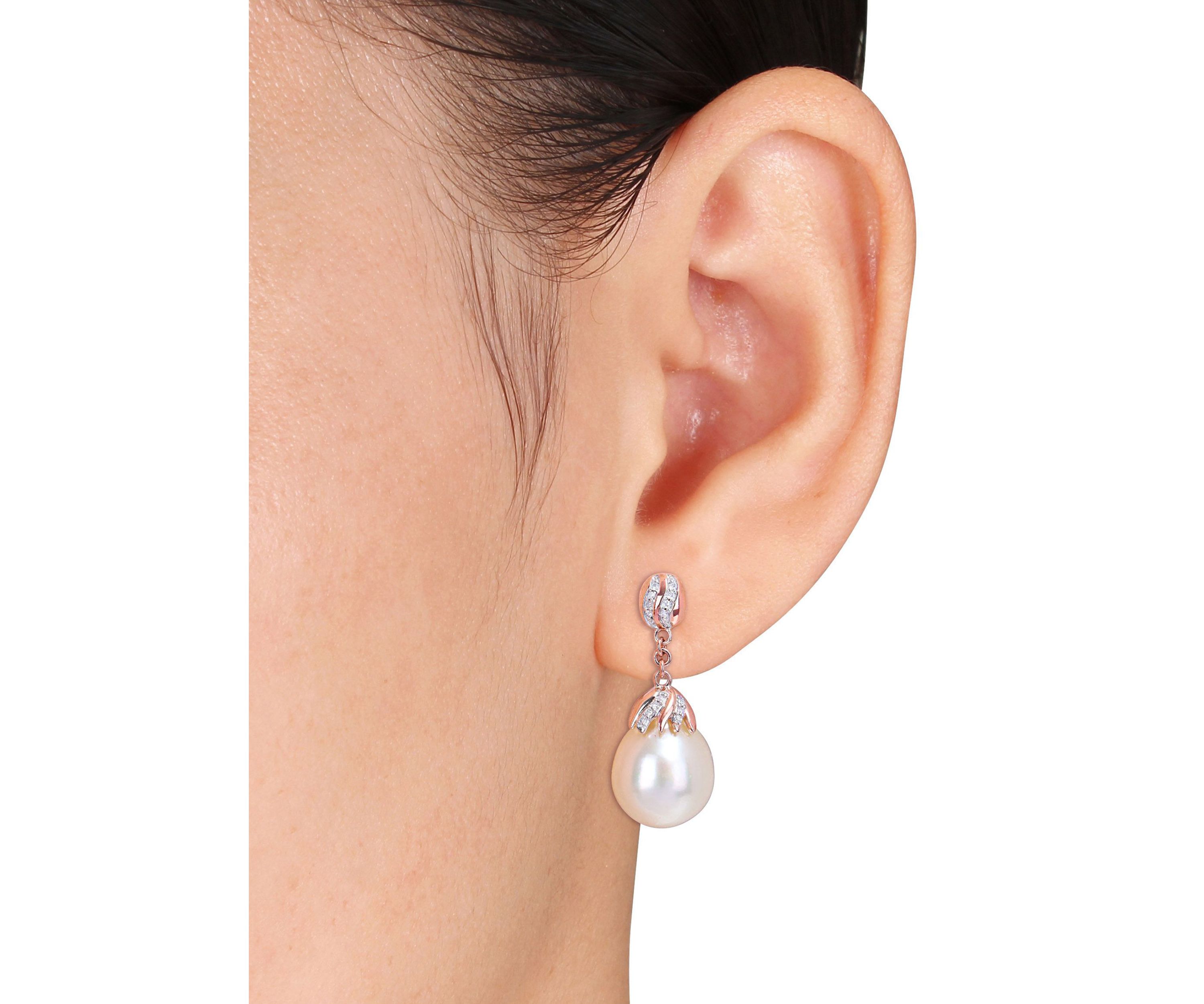 9-10MM South Sea Cultured Pearl and 1/7 CT TW Diamond Drop Earrings in 14k Rose Gold