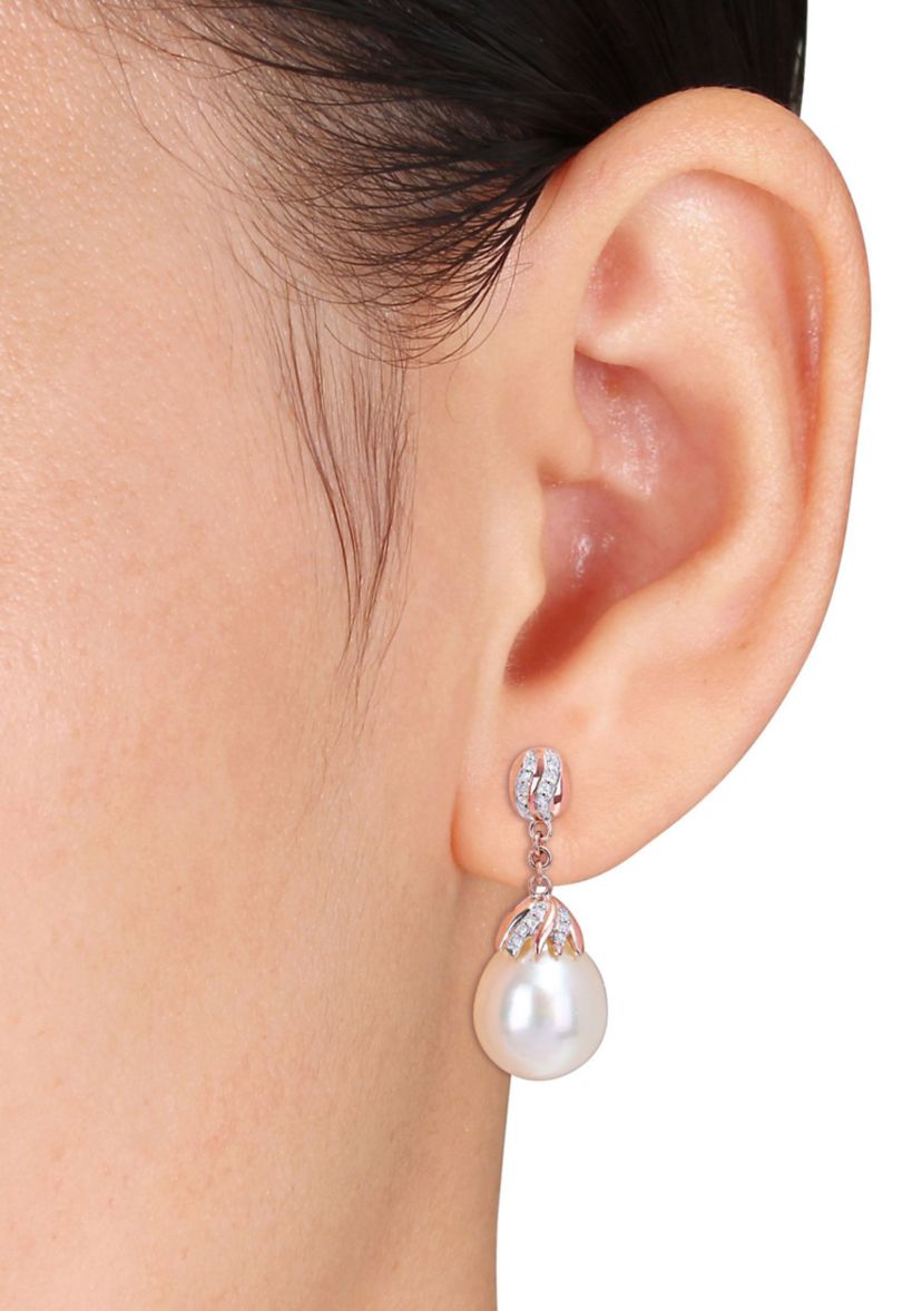9-10MM South Sea Cultured Pearl and 1/7 CT TW Diamond Drop Earrings in 14k Rose Gold