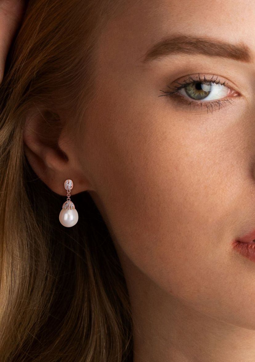 9-10MM South Sea Cultured Pearl and 1/7 CT TW Diamond Drop Earrings in 14k Rose Gold