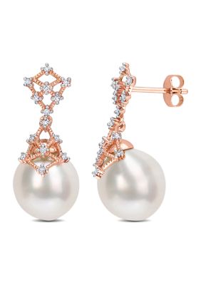 Belk & Co 9-10MM South Sea Cultured Pearl & 1/7 CT TW Diamond Filigree Drop Earrings in 14k Rose Gold -  5400426BLK005471