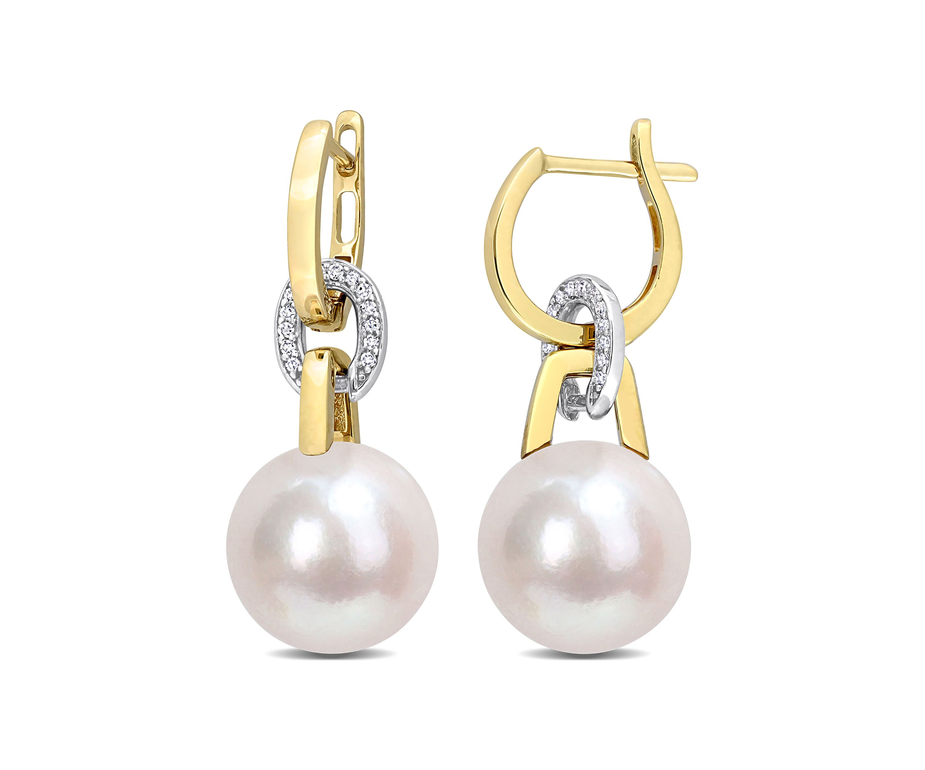 11-12MM Freshwater Cultured Pearl and 1/10 CT TW Diamond Huggie Drop Earrings in 14K Two-Tone Gold
