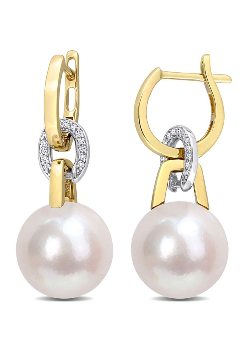 11-12MM Freshwater Cultured Pearl and 1/10 CT TW Diamond Huggie Drop Earrings in 14K Two-Tone Gold