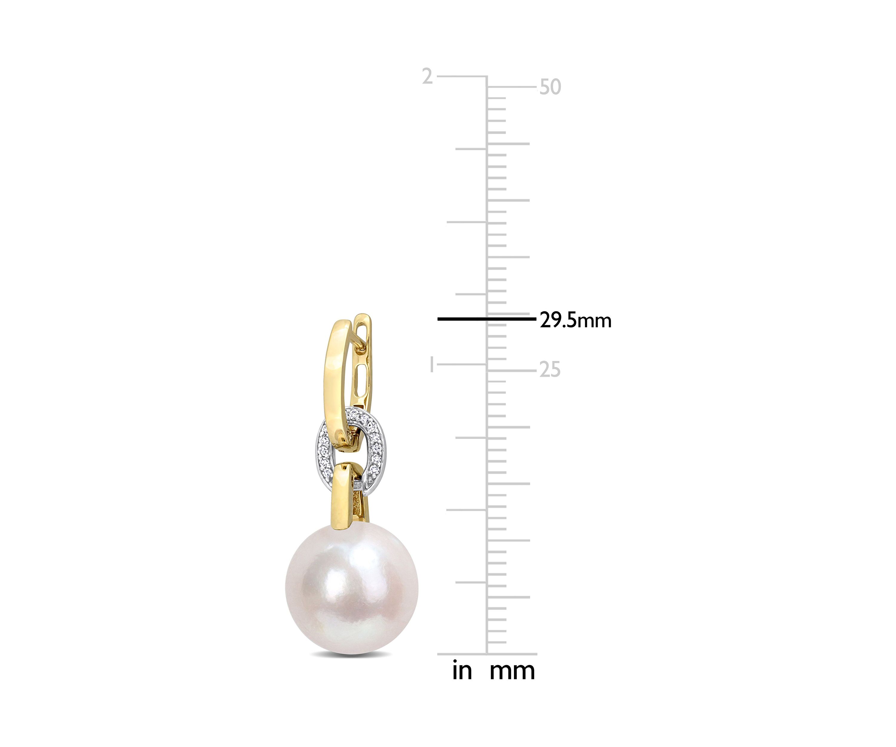 11-12MM Freshwater Cultured Pearl and 1/10 CT TW Diamond Huggie Drop Earrings in 14K Two-Tone Gold