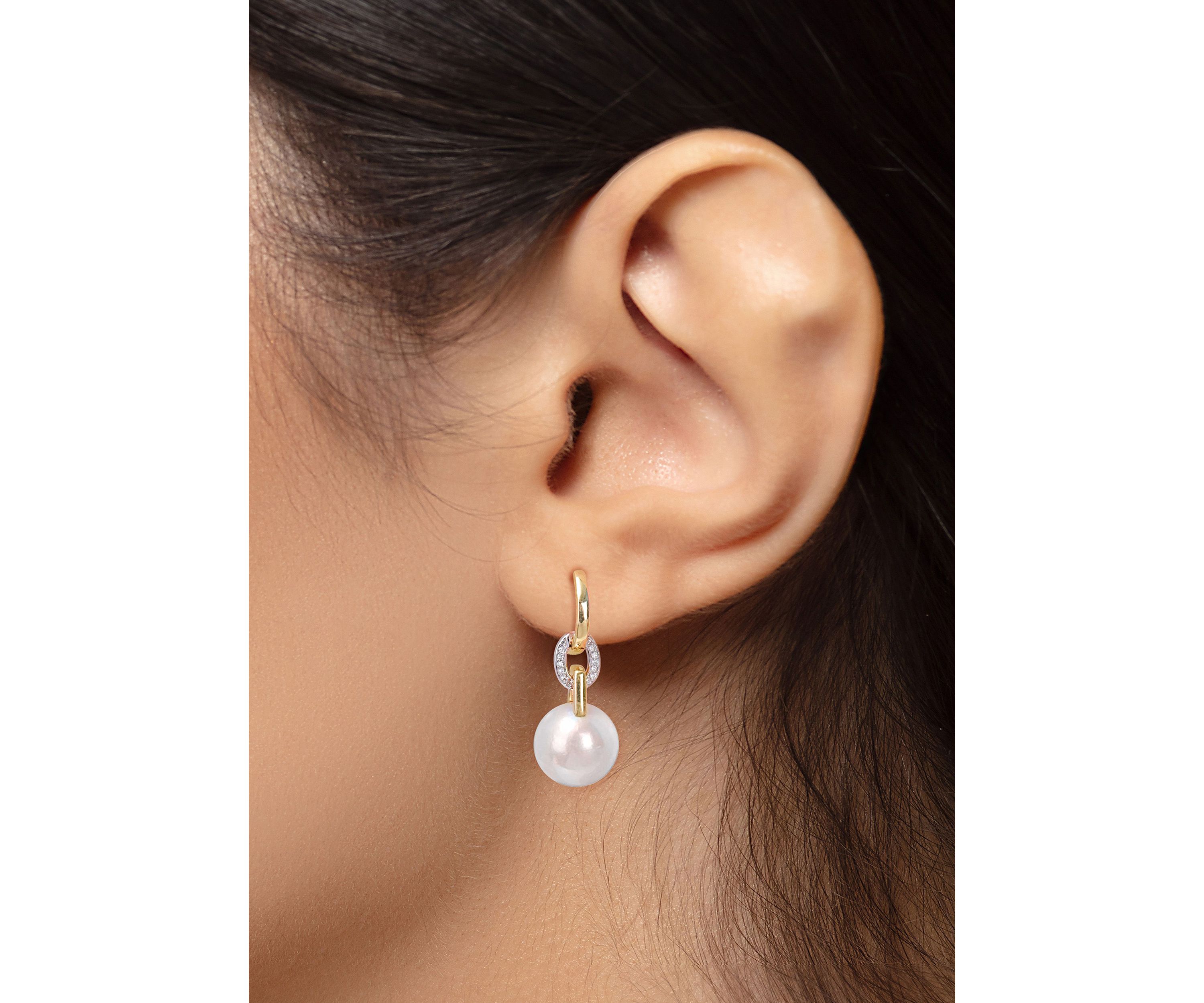 11-12MM Freshwater Cultured Pearl and 1/10 CT TW Diamond Huggie Drop Earrings in 14K Two-Tone Gold