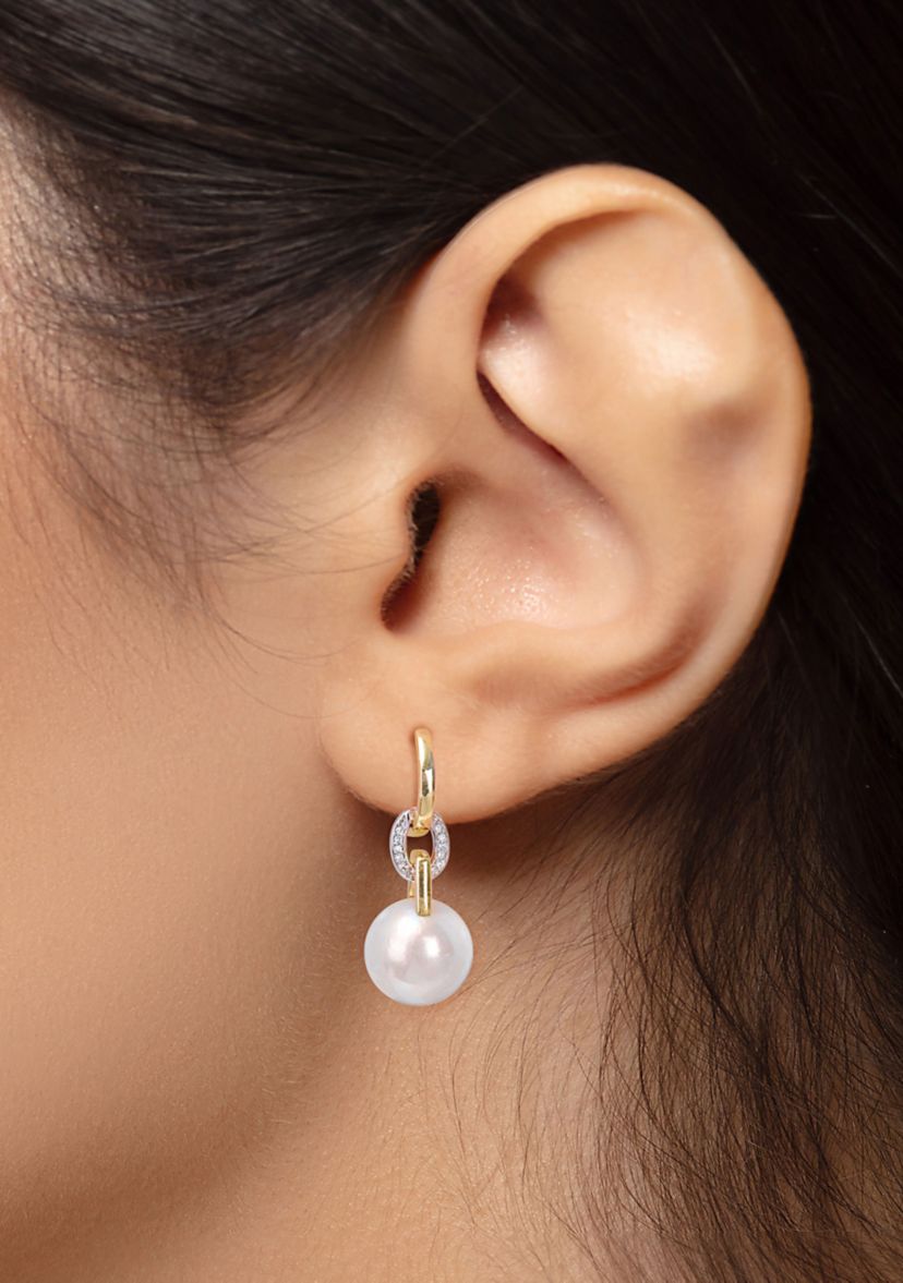 11-12MM Freshwater Cultured Pearl and 1/10 CT TW Diamond Huggie Drop Earrings in 14K Two-Tone Gold