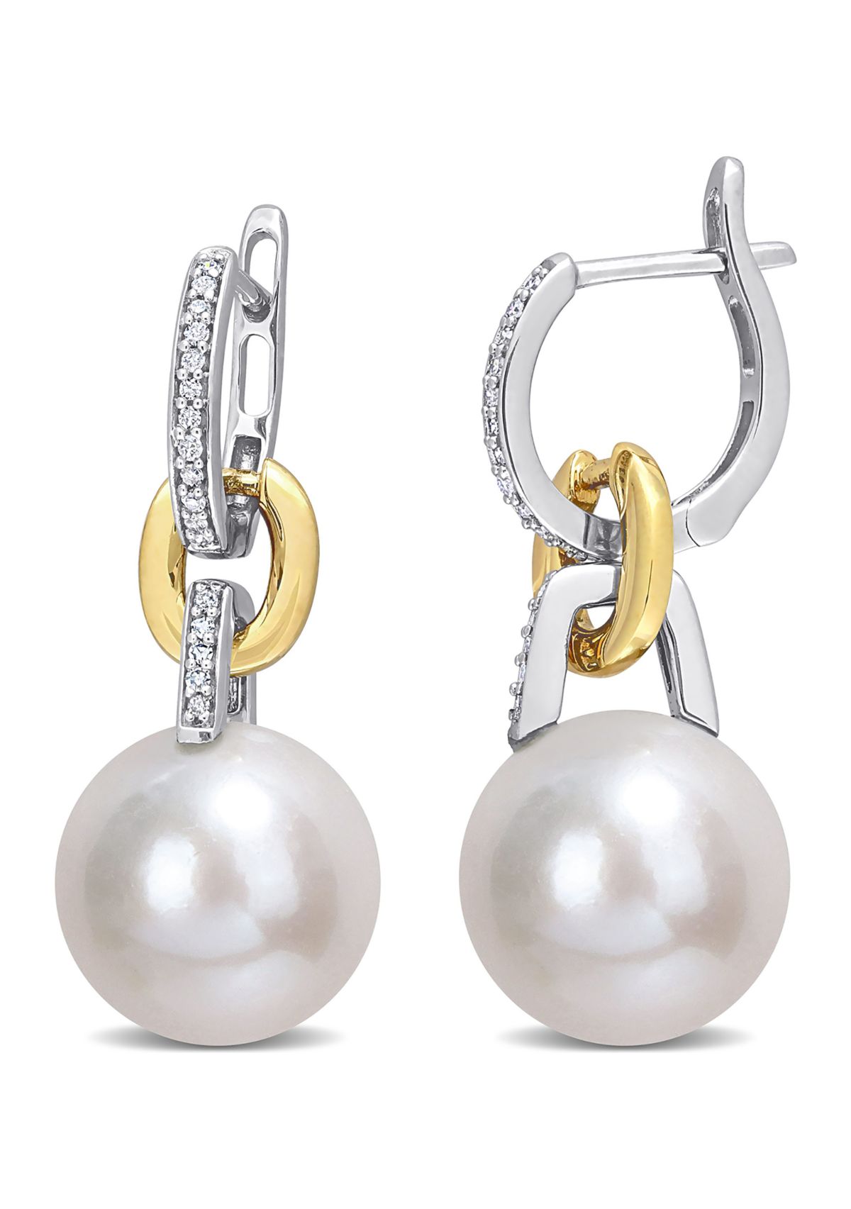 11-12MM Freshwater Cultured Pearl and 1/10 CT TW Diamond Huggie Drop Earrings in 14K Two-Tone Gold