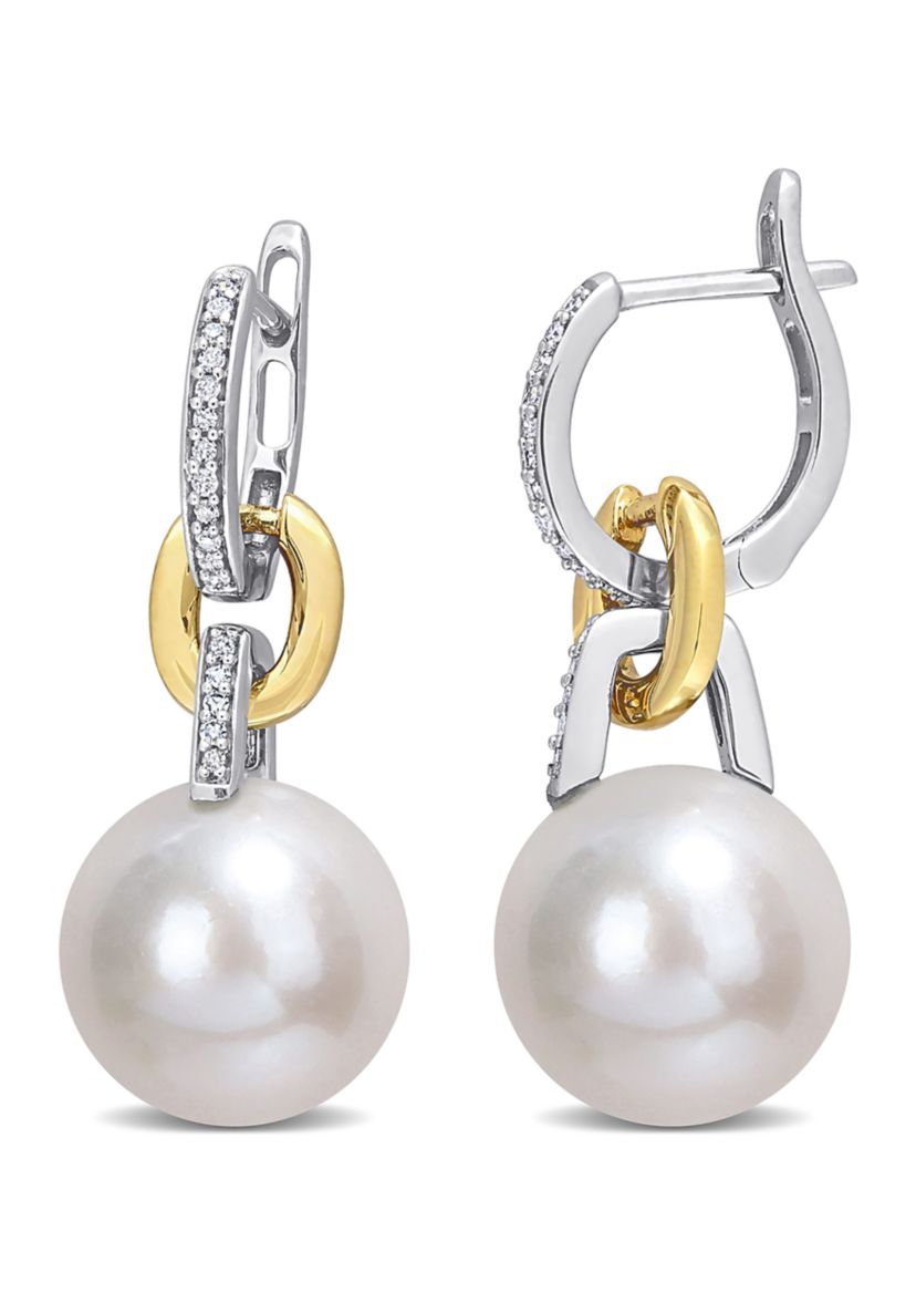 11-12MM Freshwater Cultured Pearl and 1/10 CT TW Diamond Huggie Drop Earrings in 14K Two-Tone Gold