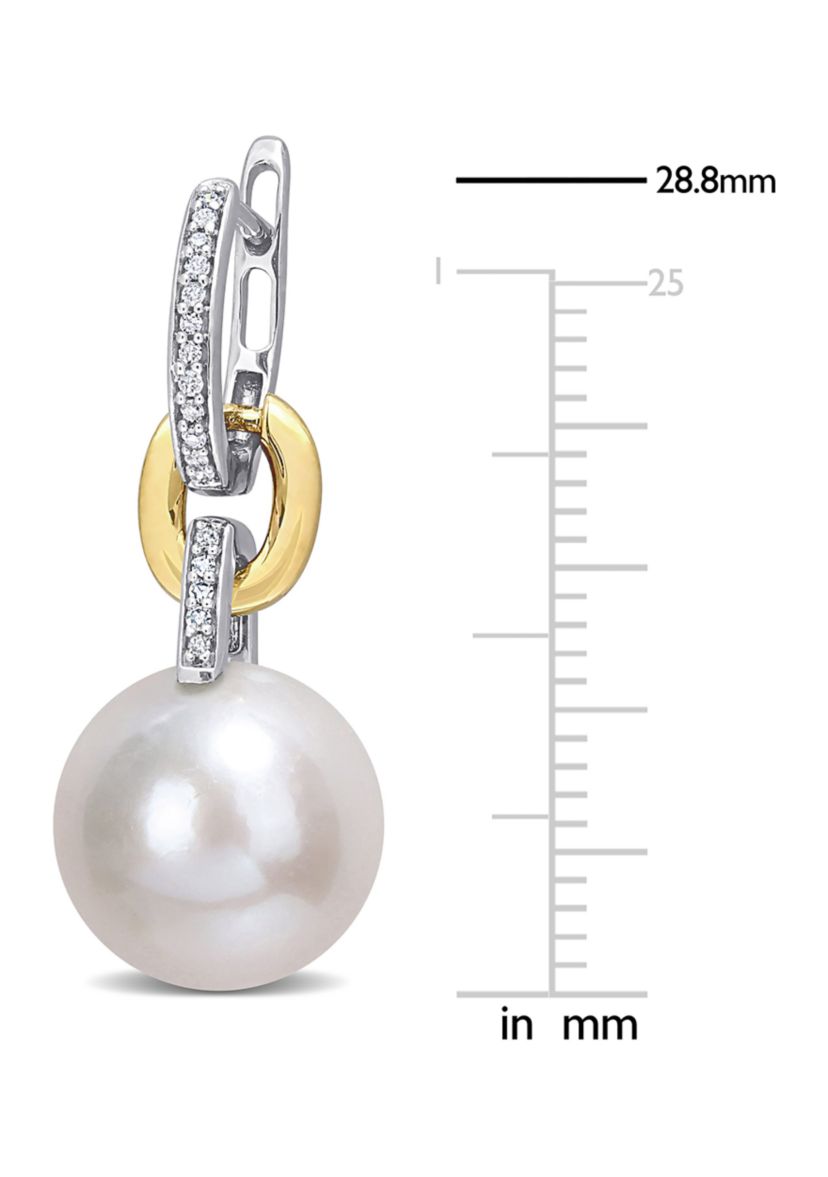 11-12MM Freshwater Cultured Pearl and 1/10 CT TW Diamond Huggie Drop Earrings in 14K Two-Tone Gold