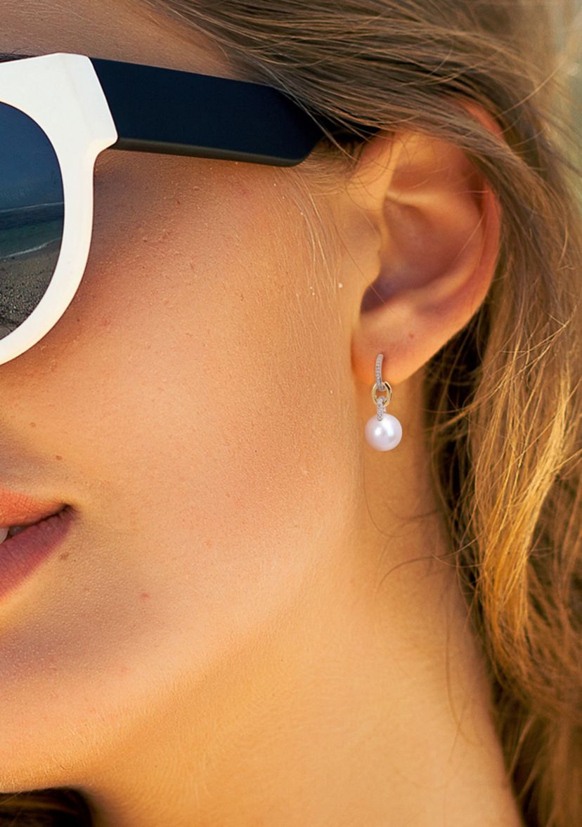 11-12MM Freshwater Cultured Pearl and 1/10 CT TW Diamond Huggie Drop Earrings in 14K Two-Tone Gold