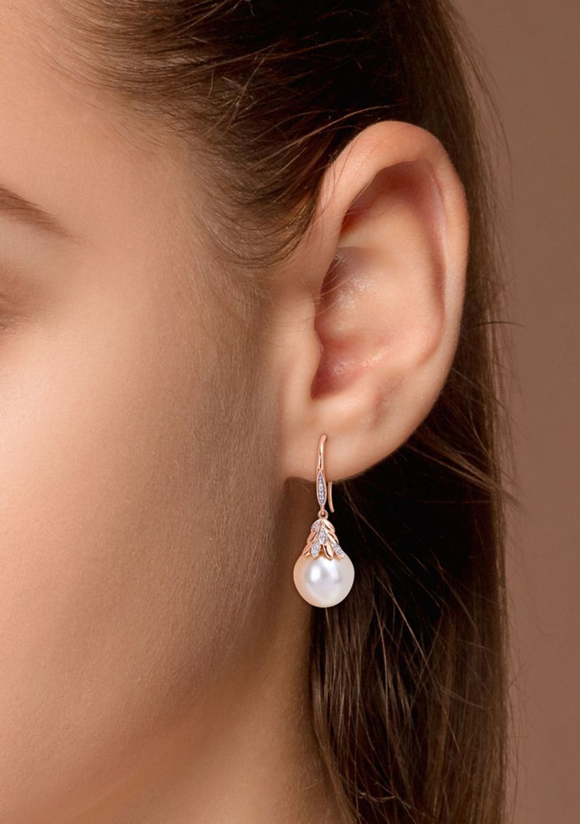 12-12.5MM South Sea Cultured Pearl and Diamond Accent Drop Earrings in 14k Rose Gold