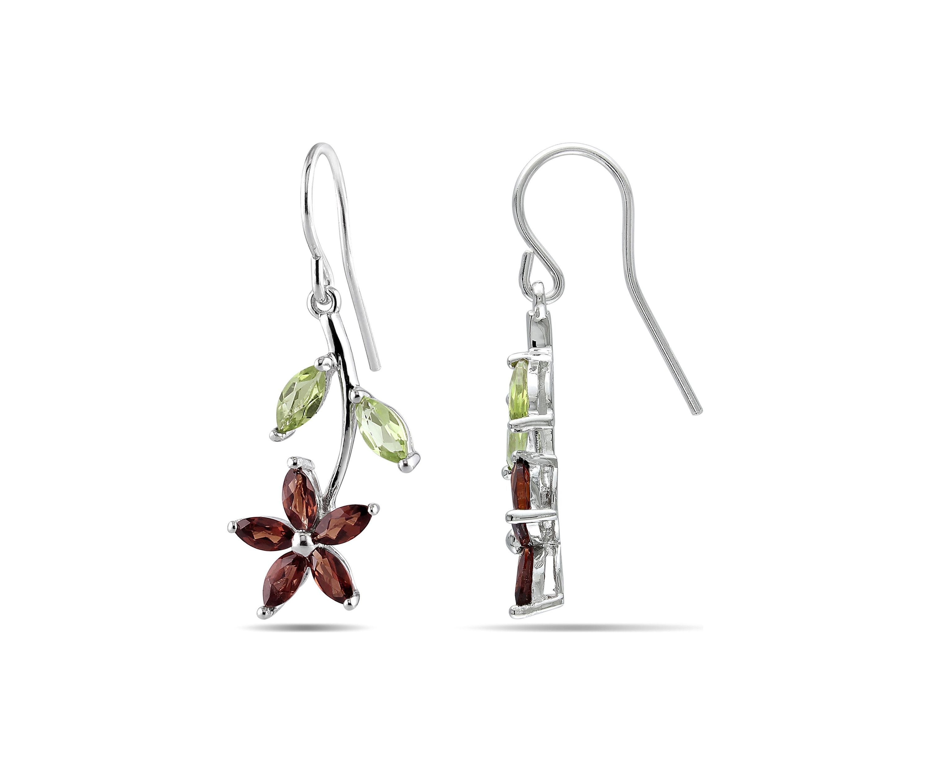 Garnet and Peridot Flower Charm Earrings in Sterling Silver