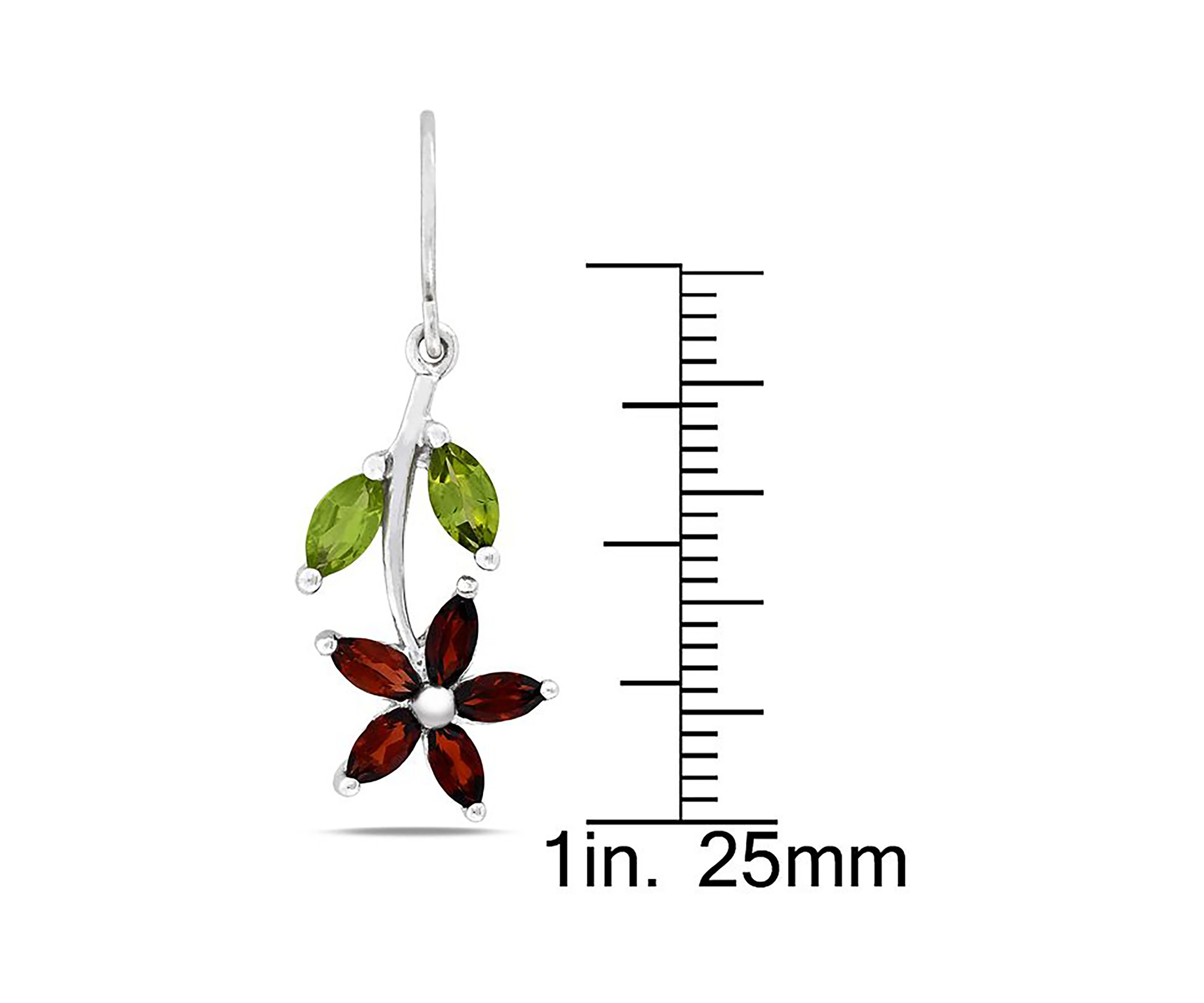 Garnet and Peridot Flower Charm Earrings in Sterling Silver