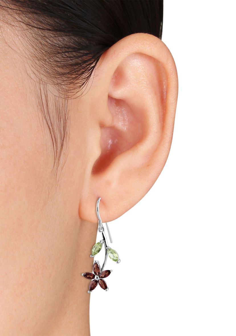 Garnet and Peridot Flower Charm Earrings in Sterling Silver
