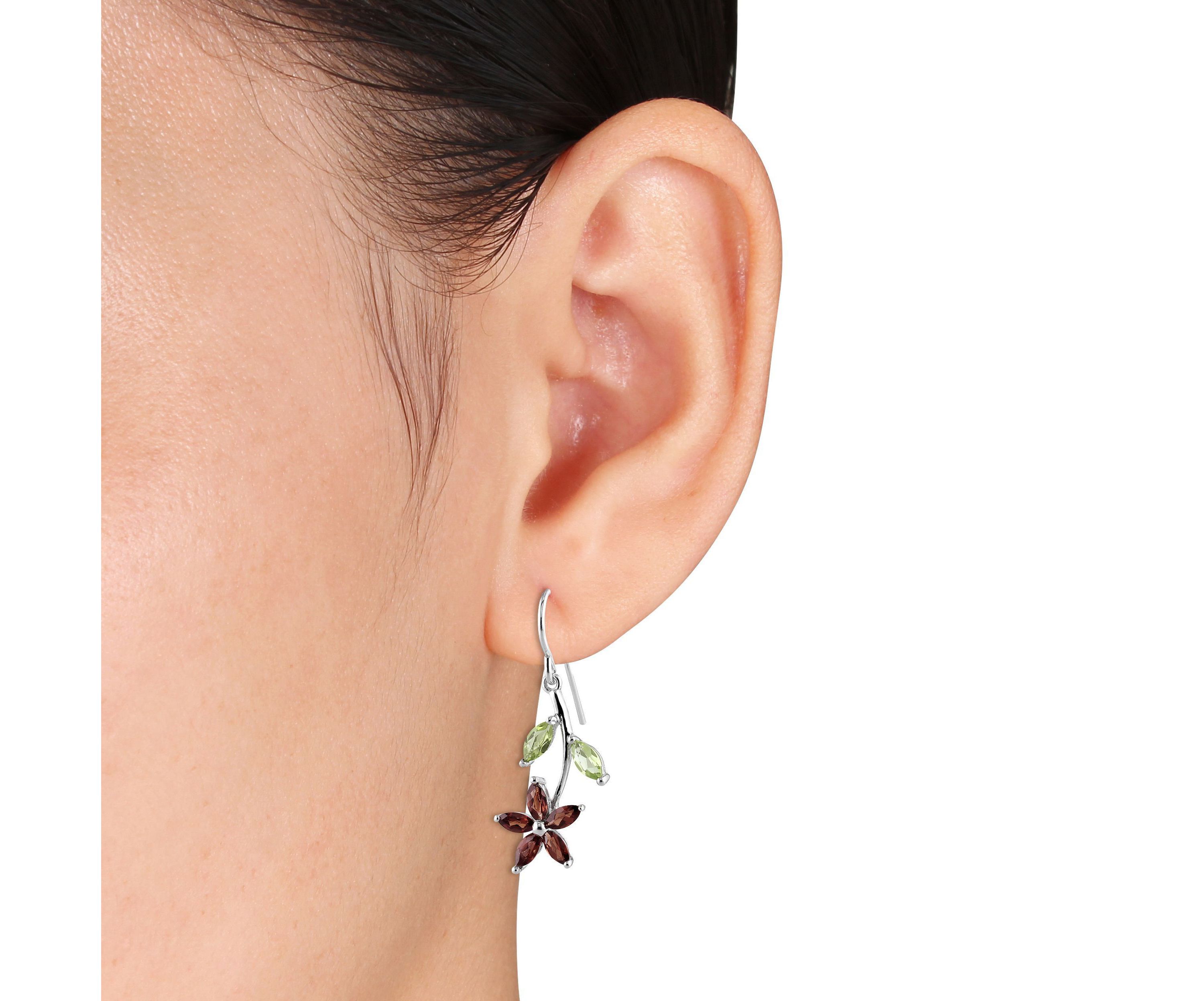 Garnet and Peridot Flower Charm Earrings in Sterling Silver