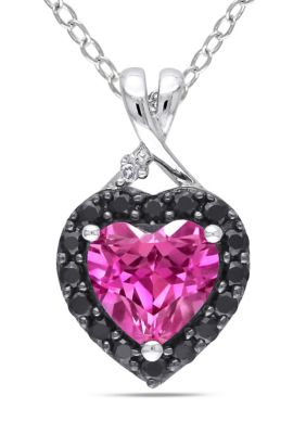 Belk & Co Lab Created Pink Sapphire, Black Spinel and Diamond Heart Halo Pendant with Chain in Sterling Silver with Black Rhodium